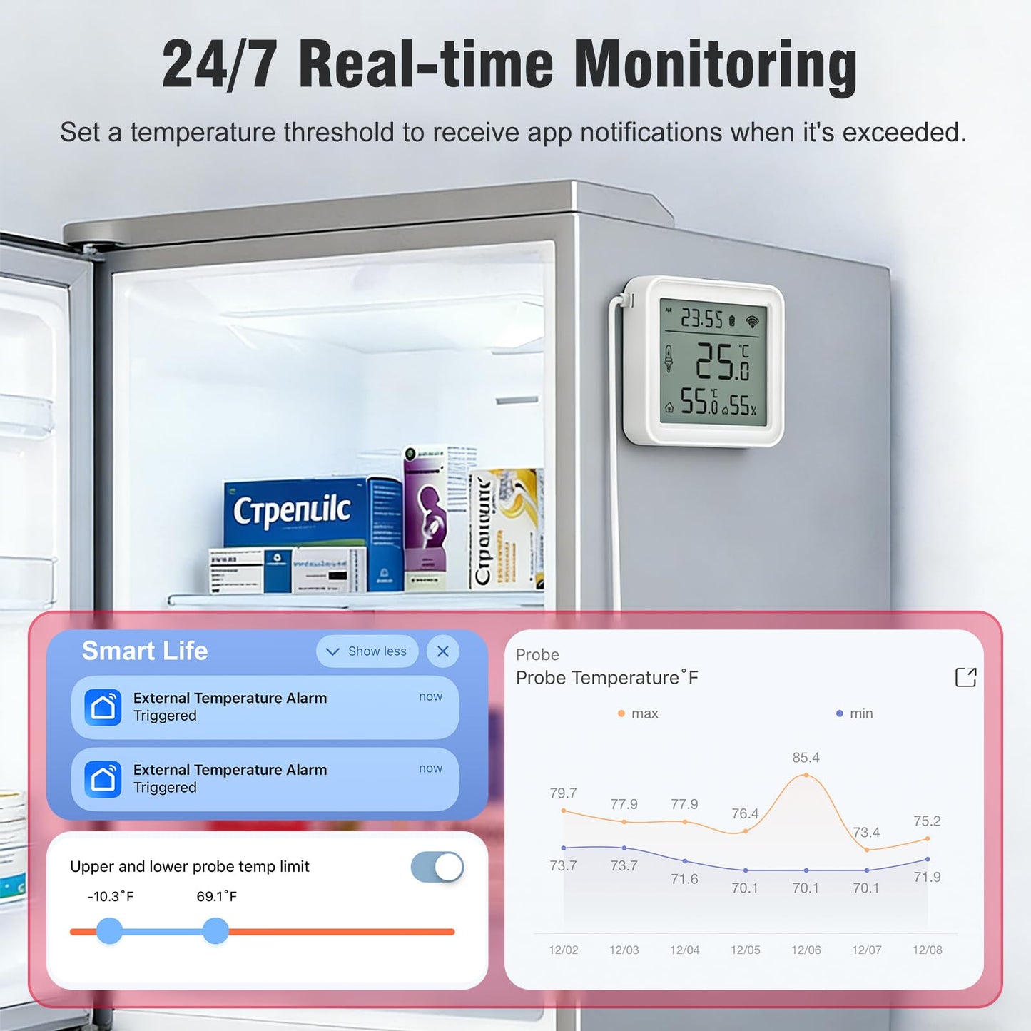DAYTECH Fridge Thermometer WiFi Smart Freezer Thermometer with Room Temperature and Hygrometer Monitor, App Alerts and Clear Digital Display, for Home/Restaurant/Office, No Hub Required, 2PCS