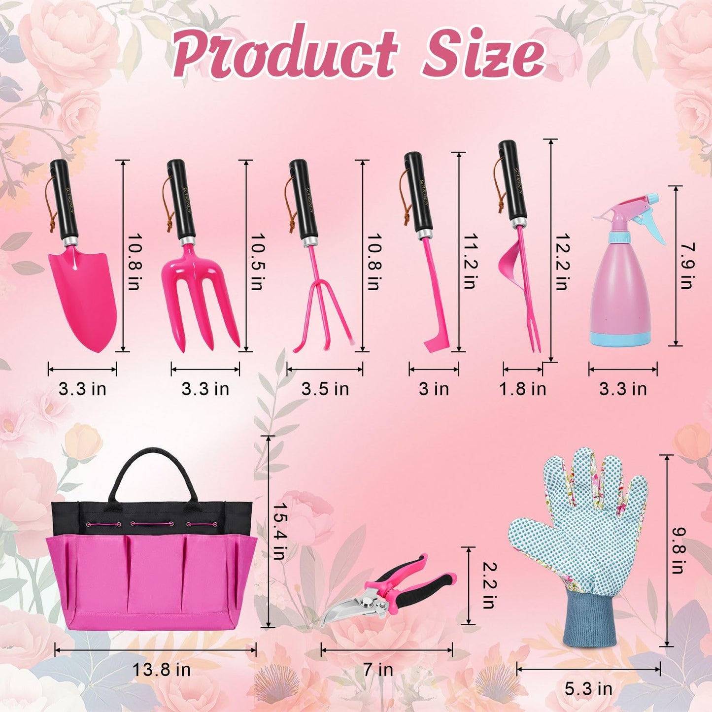 Gardening Tools 9-Piece Heavy Duty Gardening Hand Tools Set (Pink),Stainless Steels and Reinforced Garden Supplies Kit, Durable Garden Organizer Handbag,Ideal Gardening Gifts for Women