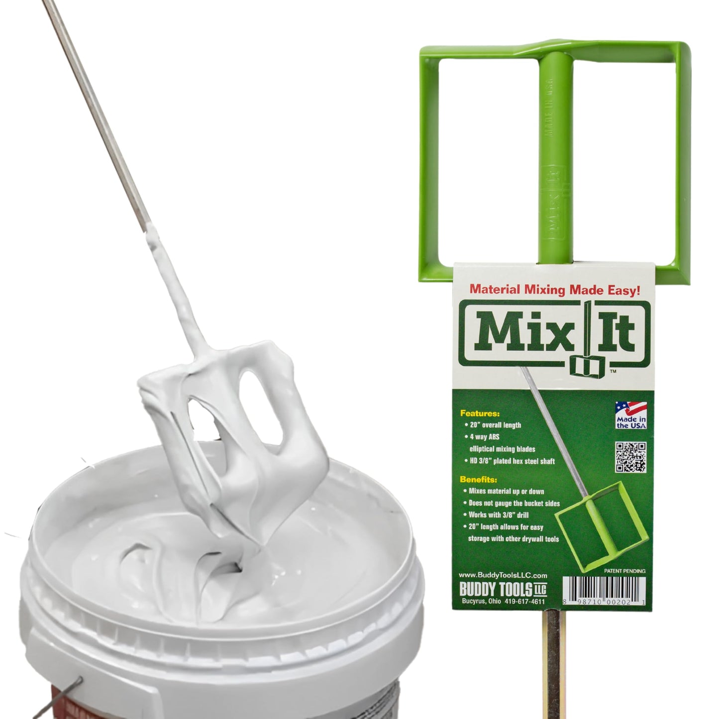Buddy Tools Mix It, 20" Length – Mud Mixer with Durable ABS Paddle – Efficient Paint Mixer for Drill – Easy-to-Use & Rust-Resistant Mixing Paddle for Mud, Paint, and More