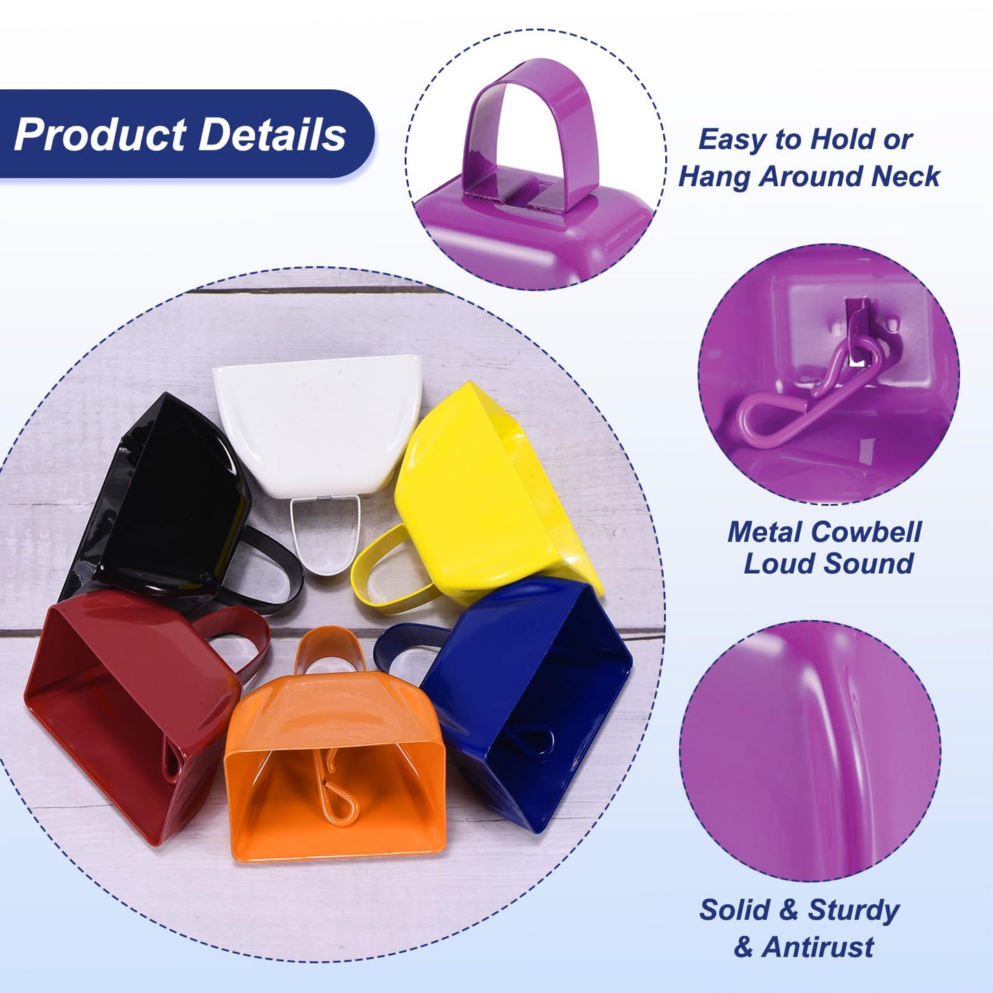 PATIKIL 24pcs Cow Bells for Football Games,3in Cowbells for Sporting Events Bulk Loud Noise Makers Metal Cow Bell with Handle for Cheering Competition Marathon Wedding, Blue Purple