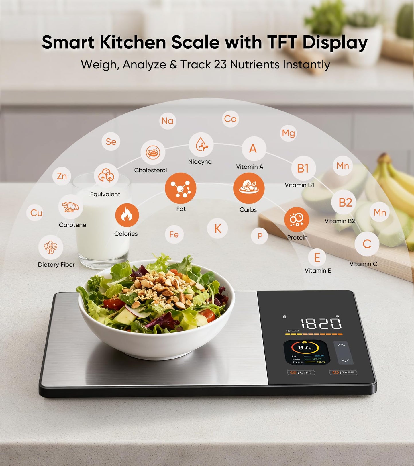 KUAIVO Smart Food Scale with TFT Display, Tracks Calories, Fat, Carbs & Protein, Works with App for Daily Nutrition Tracking, 50 Built-in Foods, 23 Nutrients, Digital Kitchen Scale for Meal Prep
