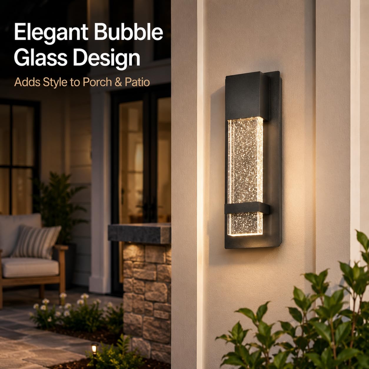 Modern Outdoor Wall Light, 12W LED Wall Sconce 3000K Warm Light, Waterproof Black Aluminum Exterior Wall Light with Bubble Crystal Glass, Hardwired Porch Light for Front Door, Patio, Garage