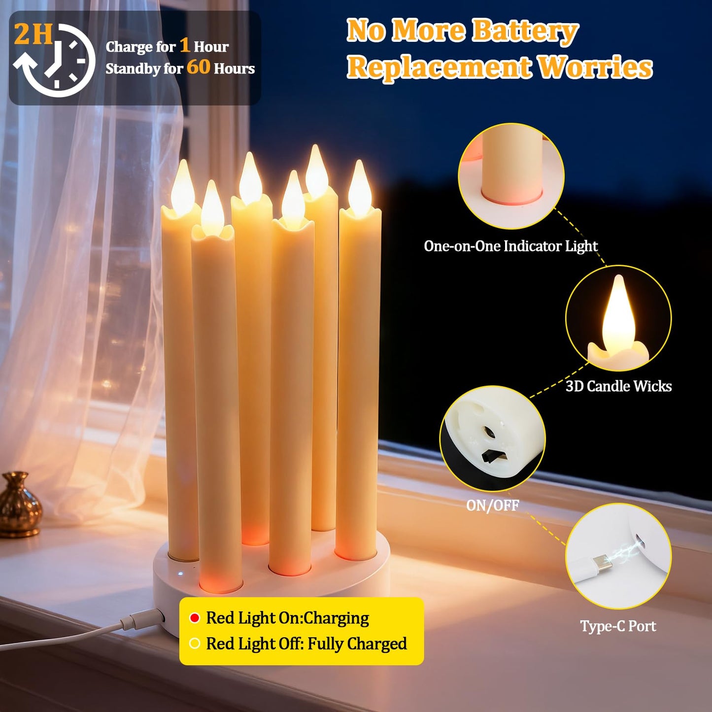 IMAGE Rechargeable Flameless Taper Candles with Charging Station, LED Flickering Candlesticks with Remote & Timer, 9.17 Inch Perfect for Home/Wedding/Christmas Decor,6PCS