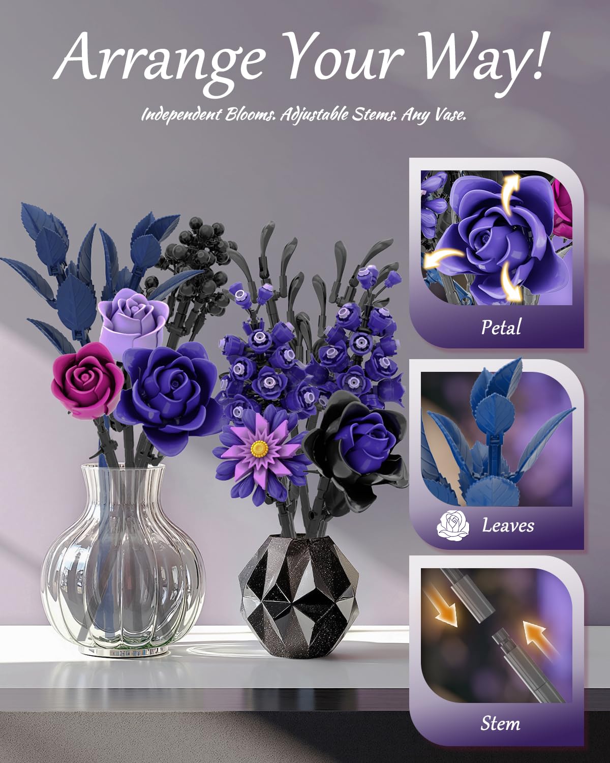Purple Rose Bouquet Building Set, Artificial Floral Building Toys for Gothic Home Decor, Ideal Gift for Halloween & Christmas, Compatible with Lego Flower Set for Adults, Women, and Teen Girls