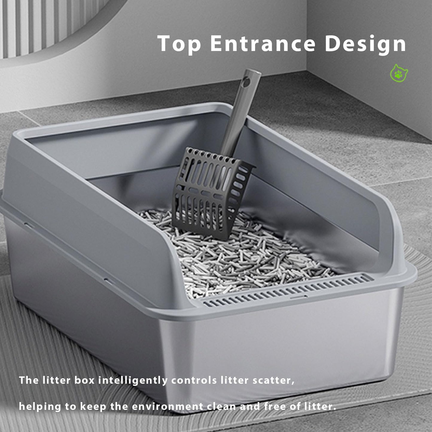 Gugxiom Stainless Steel Cat Litter Box, 60×40×20 cm Large Litter Box, Top Entry Design, with Scoop, Easy Cleaning