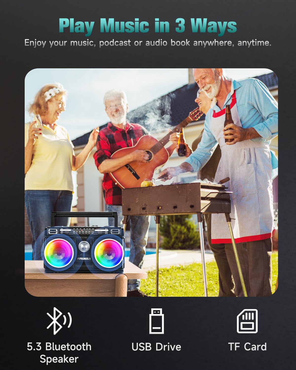 PRUNUS Radio AM FM, Portable Transistor Radio with Bluetooth Speaker, USB TF Card Playing, Solar/USB-C Rechargeable Radio, Double Speaker, Colorful Light