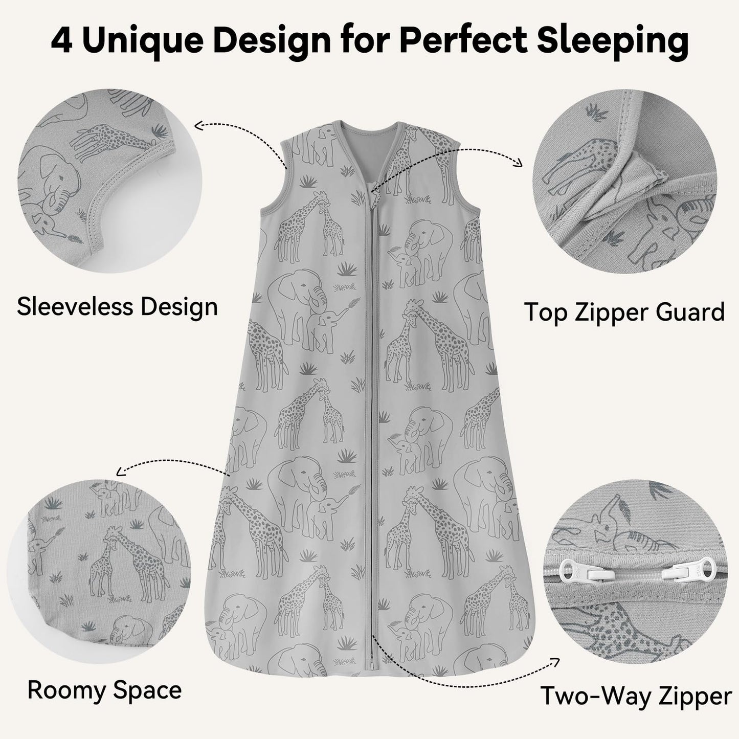 Unnivoll Baby Sleep Sack 18-24 Months 3 Pack 100% Cotton Lightweight 0.5 TOG Wearable Blanket Baby Sleep Bag with 2-Way Zipper for Newborn Infant Apricot Gray Green Elephant