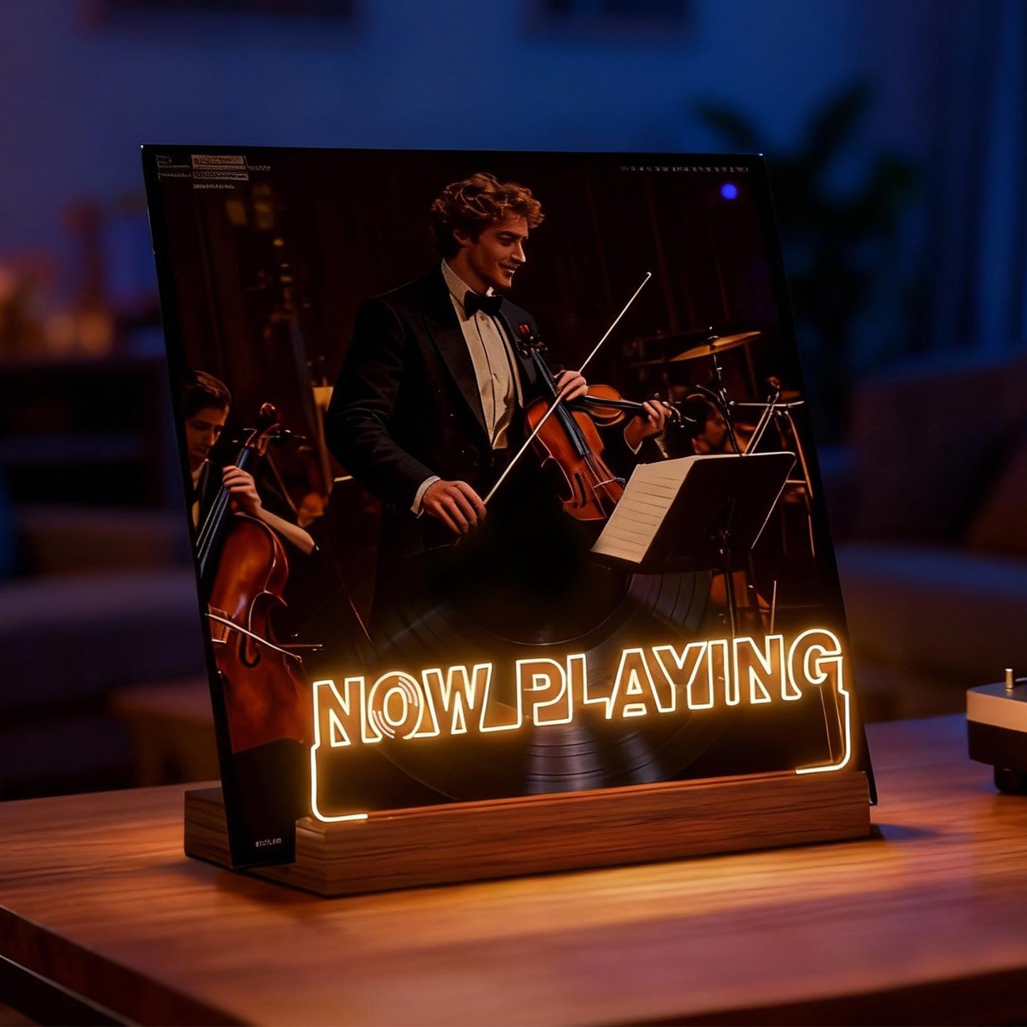 Rodioer Now Playing Vinyl Record Stand with Adjustable Brightness, 5mm Acrylic & Wood Base Desktop Holder for 12" Vinyls, Gift for Music Lovers