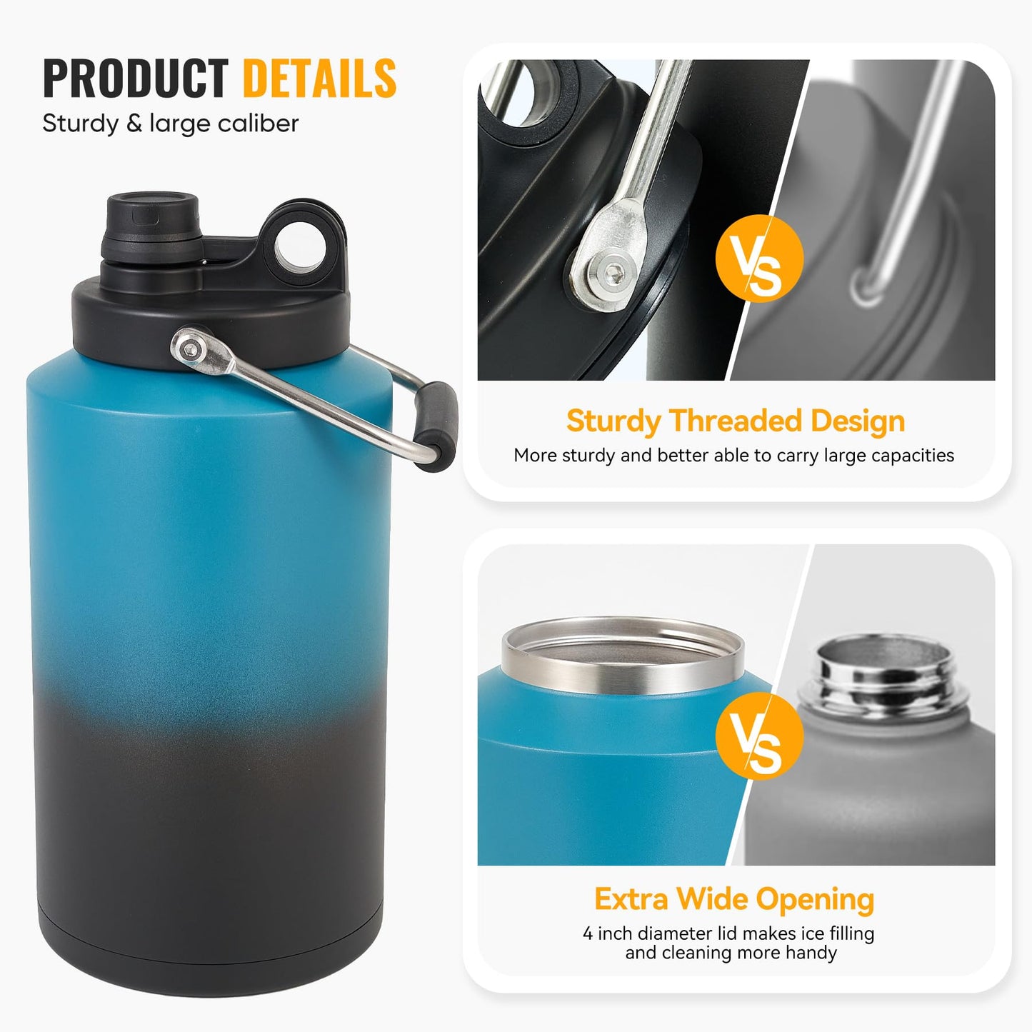 Kerilyn Insulated Jug with Handle, 1 Gallon, 128oz Stainless Steel, Large Double Vacuum Water Bottle for Hot & Cold Drinks, Wide Mouth, Sweat Proof, Great for Travel, Hiking & Camping, Blue & Black