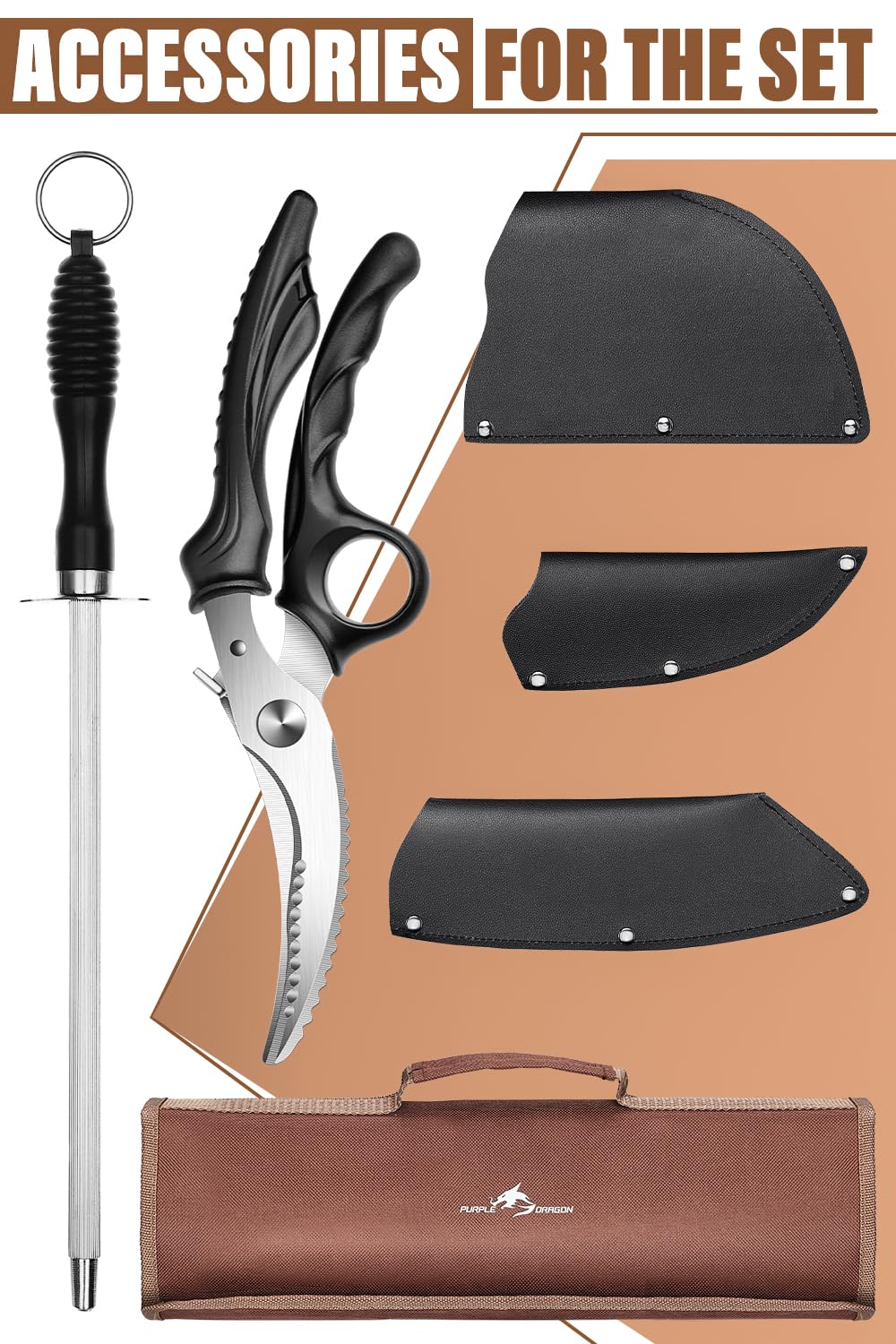 Purple Dragon 6 PCS Chef Knife Set,High Carbon Steel Cleaver,Hand Forged Meat Boning Knife,Carving Butcher Knife with Accessories for Kitchen, BBQ Camping Knives Set with Roll Bag Ideal Christmas Gift