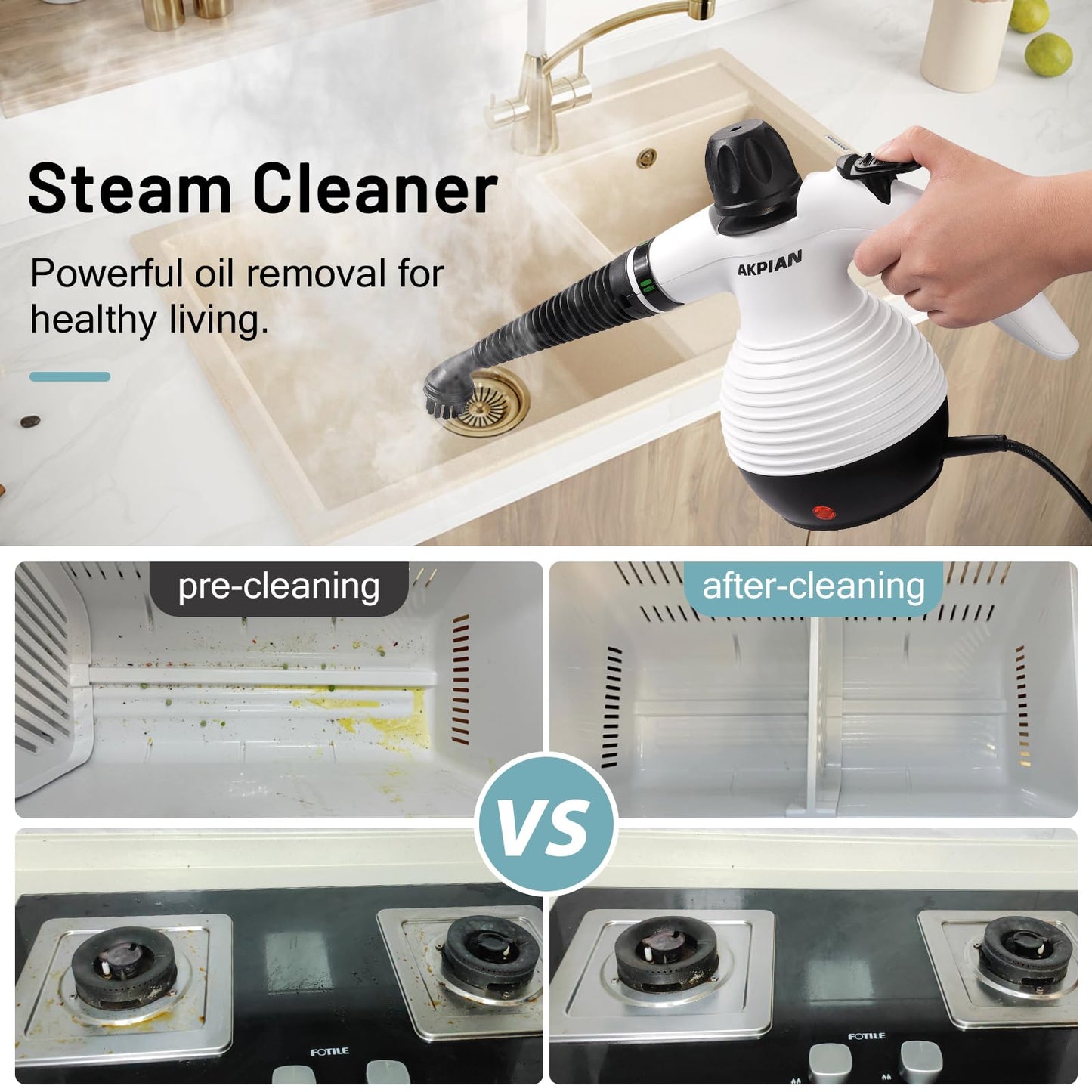 AKPIAN Steam Cleaner Handheld for Home, Hand Held Steam Cleaner with 10 Accessories, Stermer Cleaning With Safety Lock, Multi-Purpose for Kitchen Grease, Bathroom Grout, Upholstery