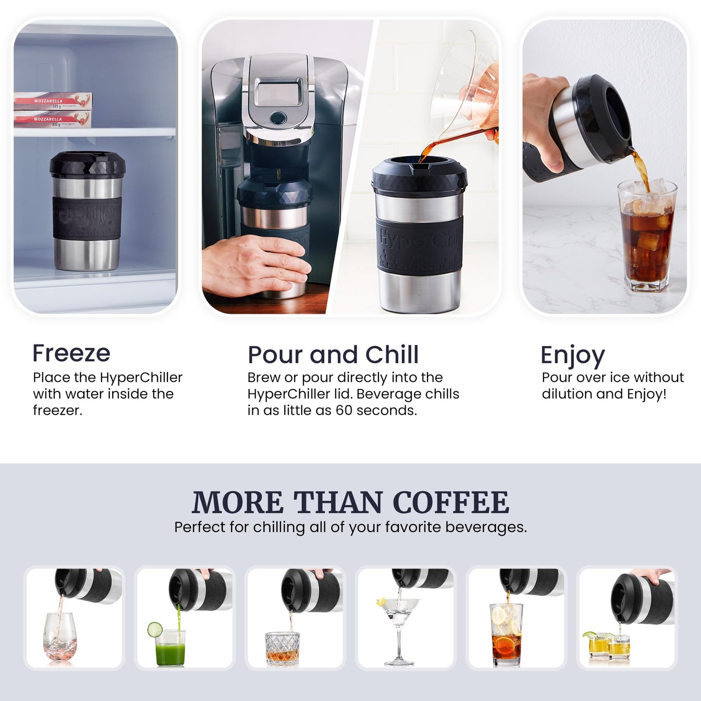 HyperChiller The Original but NEW Stainless-Steel HC2SS Patented Iced Coffee/Beverage Cooler Ready in One Minute, Reusable for Iced Tea, Wine, Spirits, Alcohol, Juice, 12.5 oz, Stainless Steel