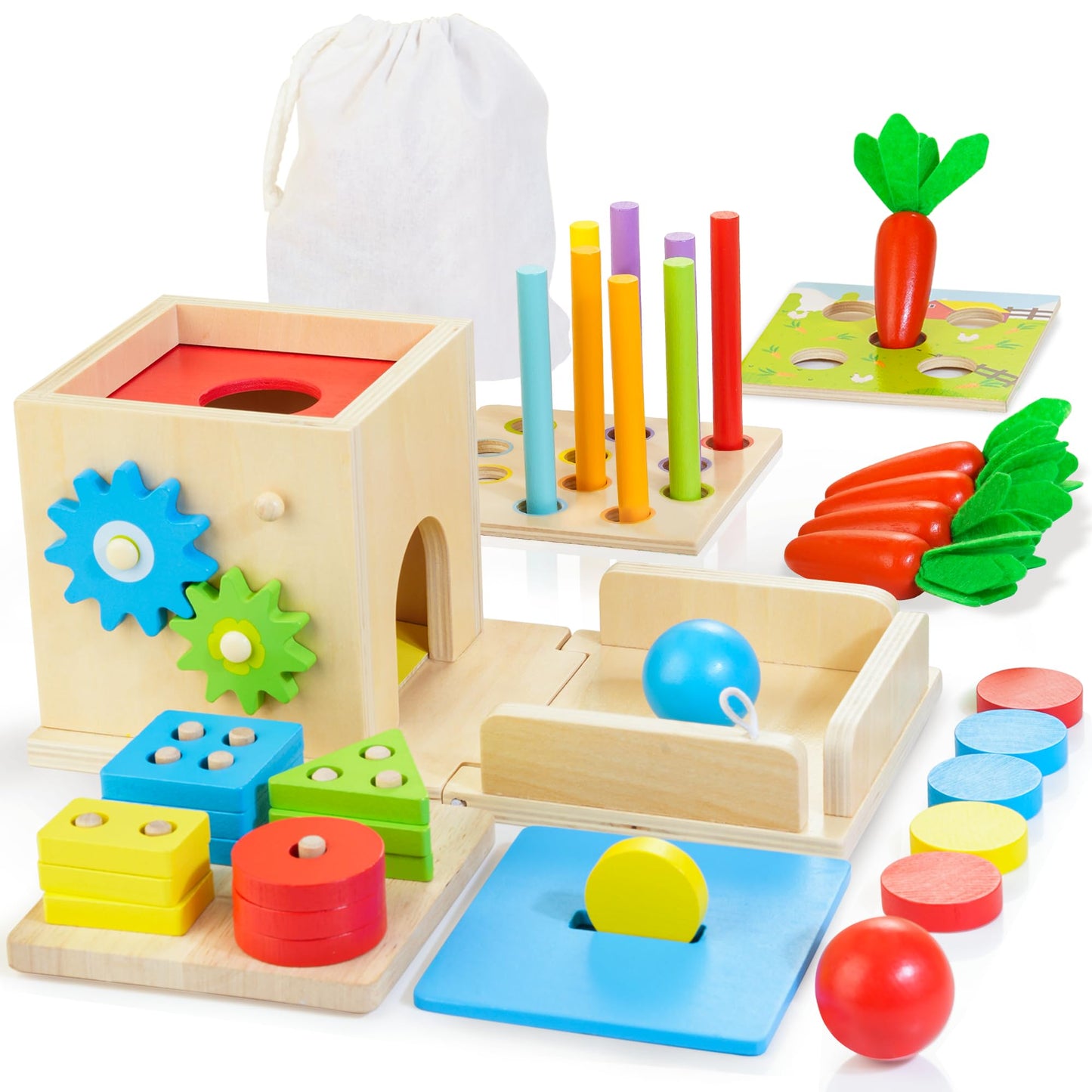 Kizfarm Educational Montessori Toys for 1 2 Year Old, Include Object Permanence Box, Magnetic Worm Game, Carrot Harvest Toy, Coin Drop Toy, Developmental Montessori Toys for Babies
