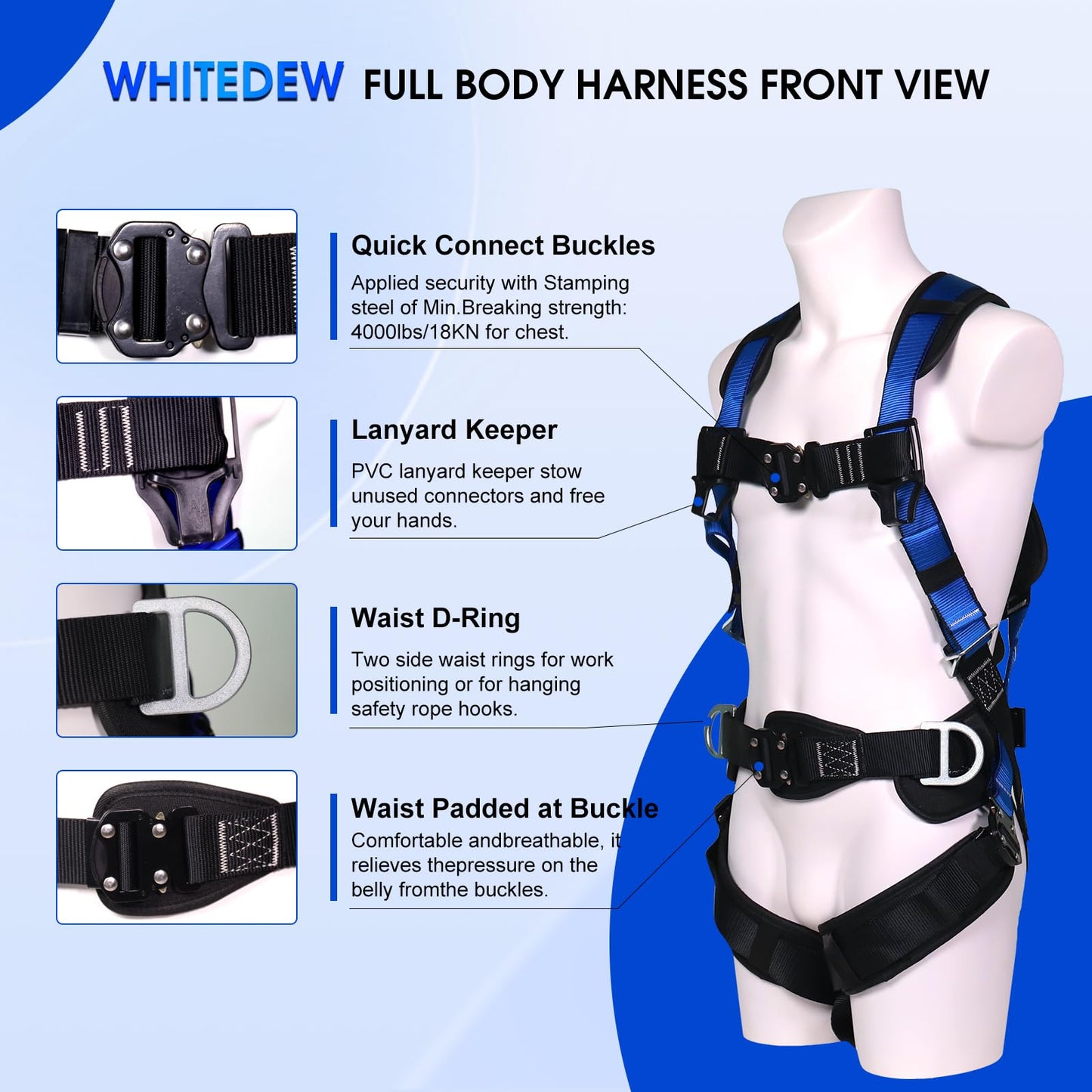 Fall Protection Premium Safety Harness with Shock Absorbing Lanyard, Roofing Constructio Harness, Vented & Padded Shoulder, Legs & Back - Upgrade 4 Quick Buckles (Blue)