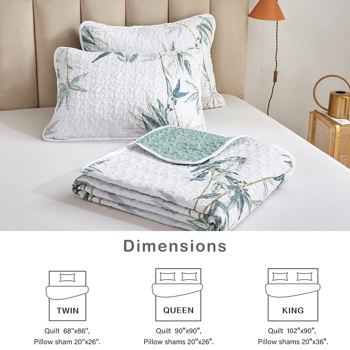 3 Pieces Full/Queen Size Botanical Quilt Set, Green Leaves Printed on White Reversible Bedspread Coverlet Set, Soft Microfiber Lightweight Bed Cover for All Season (90" x 90", 1 Quilt+ 2 Pillow Shams)