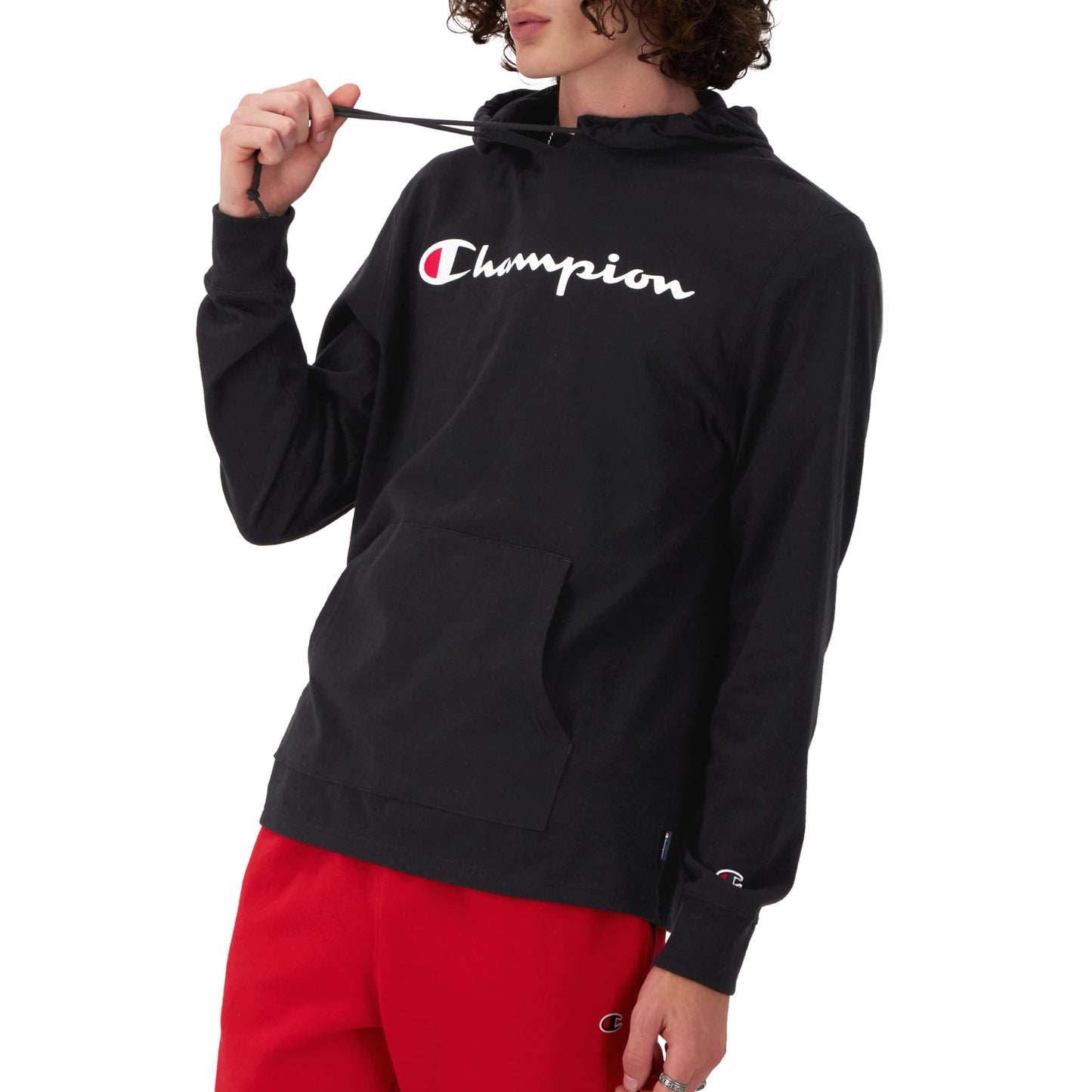 Champion Mens Long Sleeve T-Shirt Hoodie, Script Logo Jacket, Black-549921, Large US