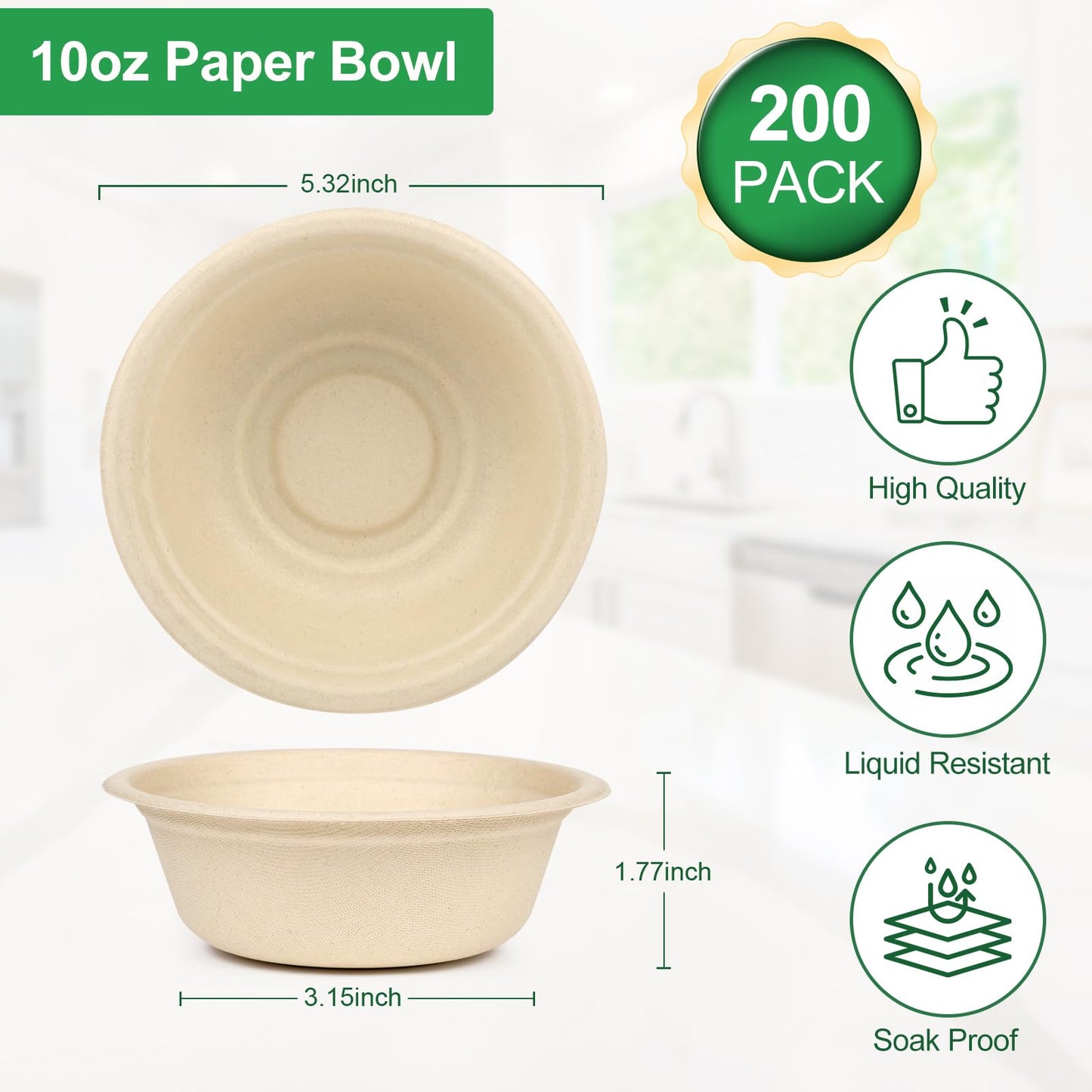 Bionutrio 10oz Paper Bowls, 200 Pack Bowls Disposable Heavy Duty