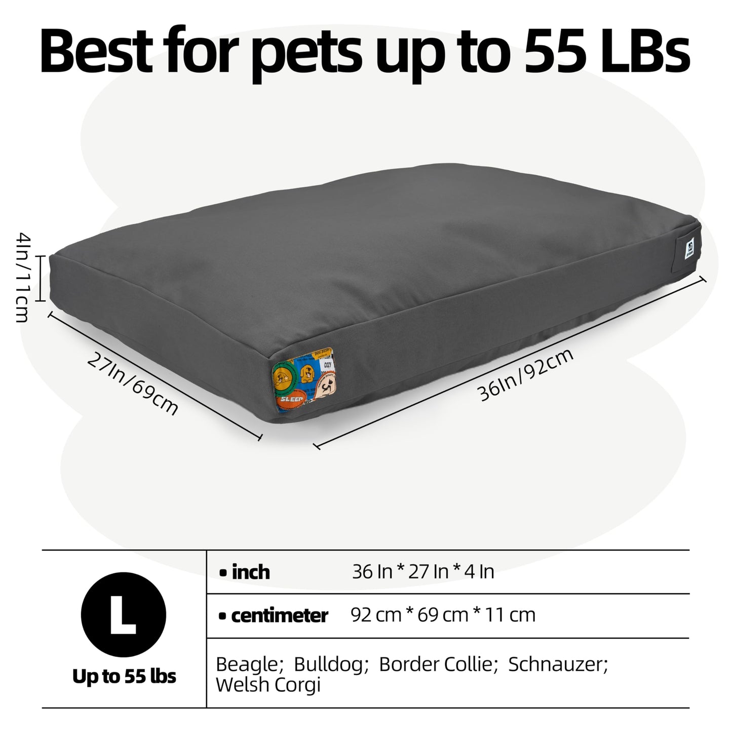 Sytopia Durable Waterproof & Chew-Proof Outdoor Dog Bed, 36-Inch for Large Dogs, Removable Washable Cover, Crate/Patio/Indoor Use (Dark Grey)
