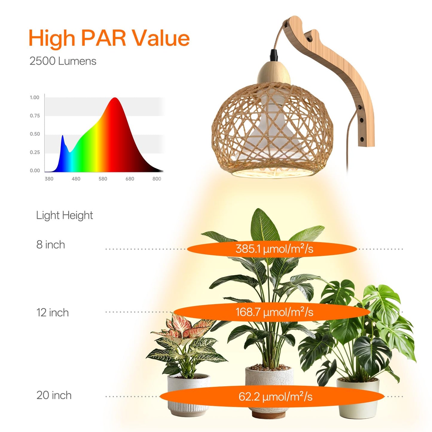 Bstrip Hanging Grow Lights for Indoor Plants, 18W Full Spectrum, Boho Rattan Lantern Shade, 3800K Wall-Mounted Decorative Plant Light with 9.8FT Power Cord, Ideal for Tall Plants, Flowers