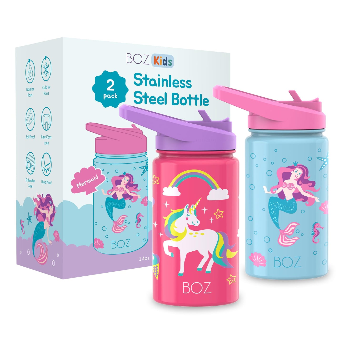 BOZ Kids Insulated Water Bottle with Straw Lid - Two-Pack Unicorn/Mermaid Stainless Steel Vacuum Double Wall Toddler Bottle, 14 oz (414ml) Scratch-Resistant and Dishwasher-Safe