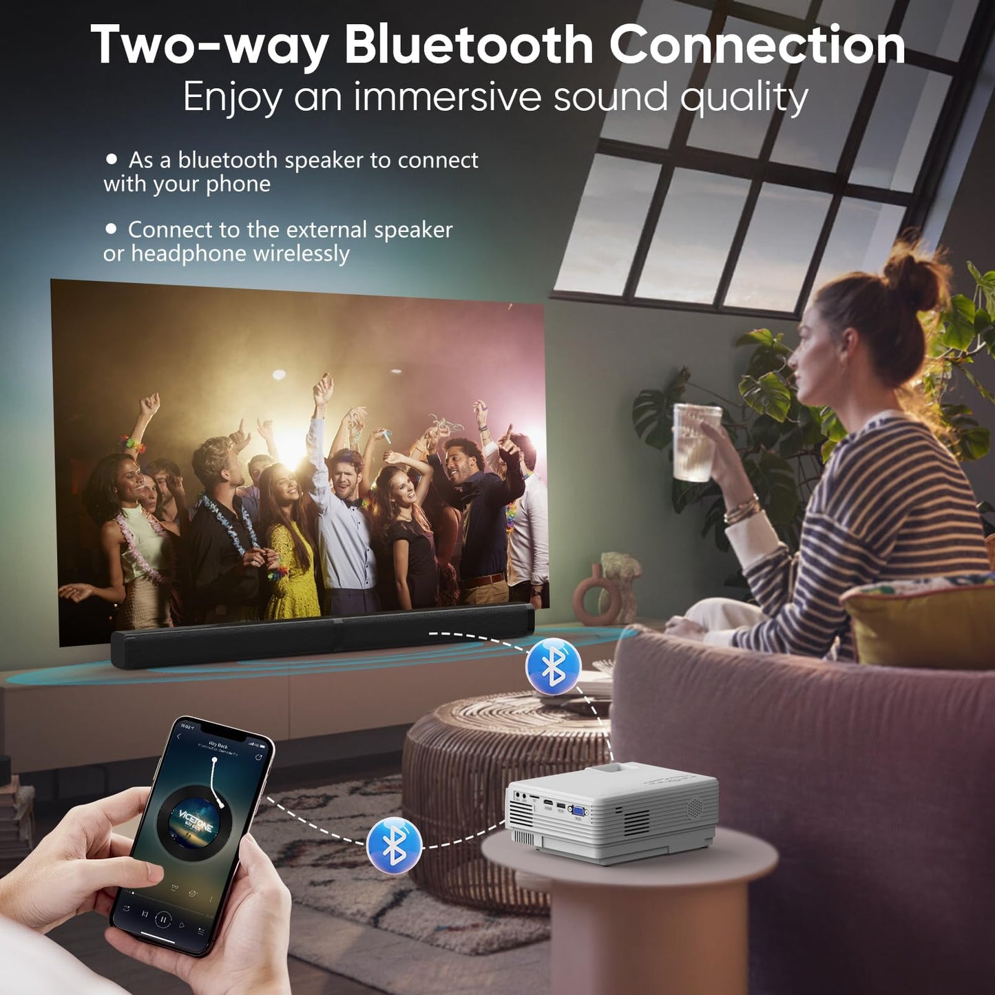 【Two-Way Bluetooth】 TMY 1080P Full HD Portable Mini Projector, Upgraded Movie Projector with Screen, Compatible with TV Stick Smartphone/HDMI/USB, Indoor & Outdoor Use