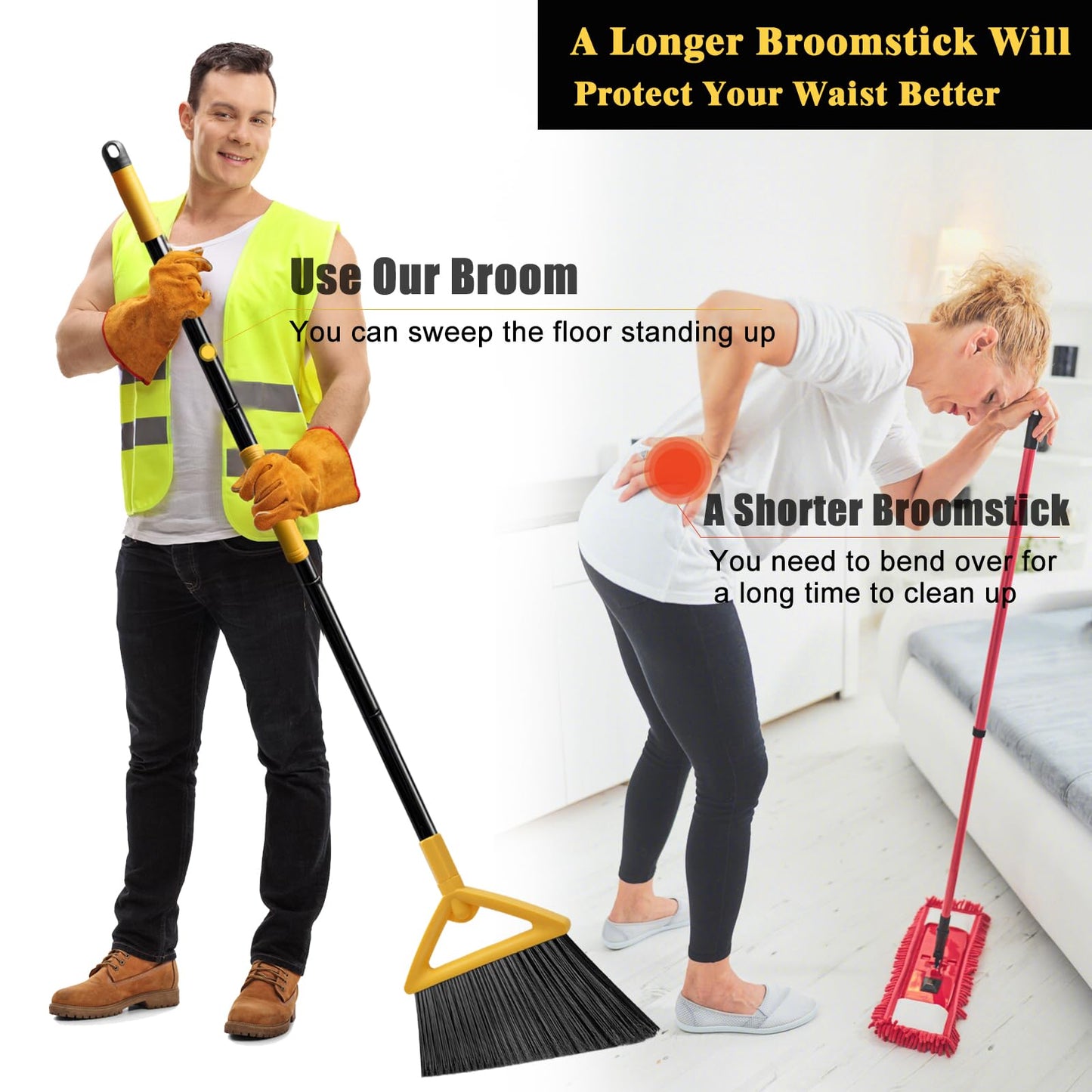 PUTNATRUE Heavy Duty Broom of Outdoor and Indoor, 3 Packs Upgraded Commercial Angle Brooms, Perfect Yellow Broom of House, Kitchen, Garage, Courtyard, Concrete