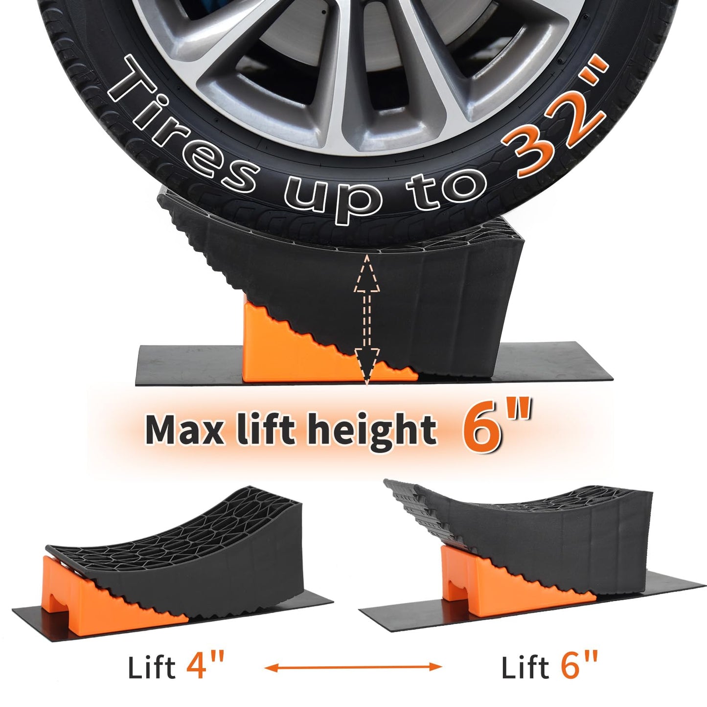 OULEME Curved Leveling Blocks, Raised Tire Change Ramp, for RV Camper Travel Trailer, Fits Dual Axle Tandem Wheel Aid Changing, Lift up to 6", Comes with Chock and Rubber Mat (2 Pack)