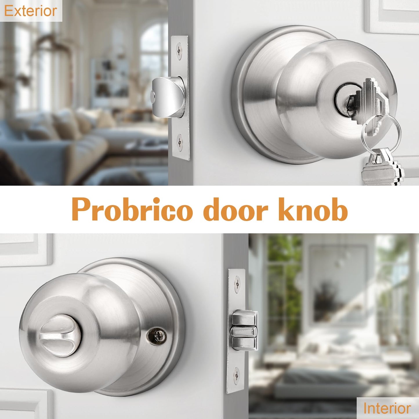Probrico 2 Pack Keyed Alike Entry Door Knobs with Lock and Key Ball Door Knob Handles Entrance Door Lockset Brushed Nickel Finish