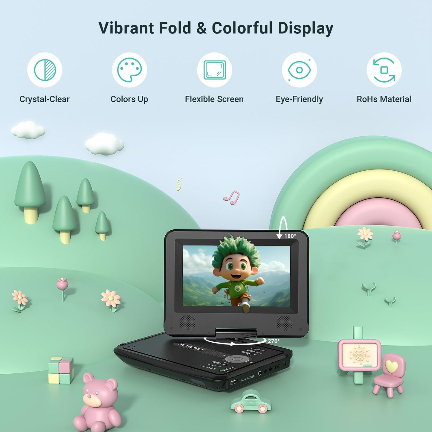 9.5" Portable DVD Player for Kids and Car with 7.5" Swivel Screen, 4-6 Hours Working Time, Car DVD Player with Dual Speakers, Remote Control, Support Sync TV, Region Free USB/SD/AV, Glossy Black