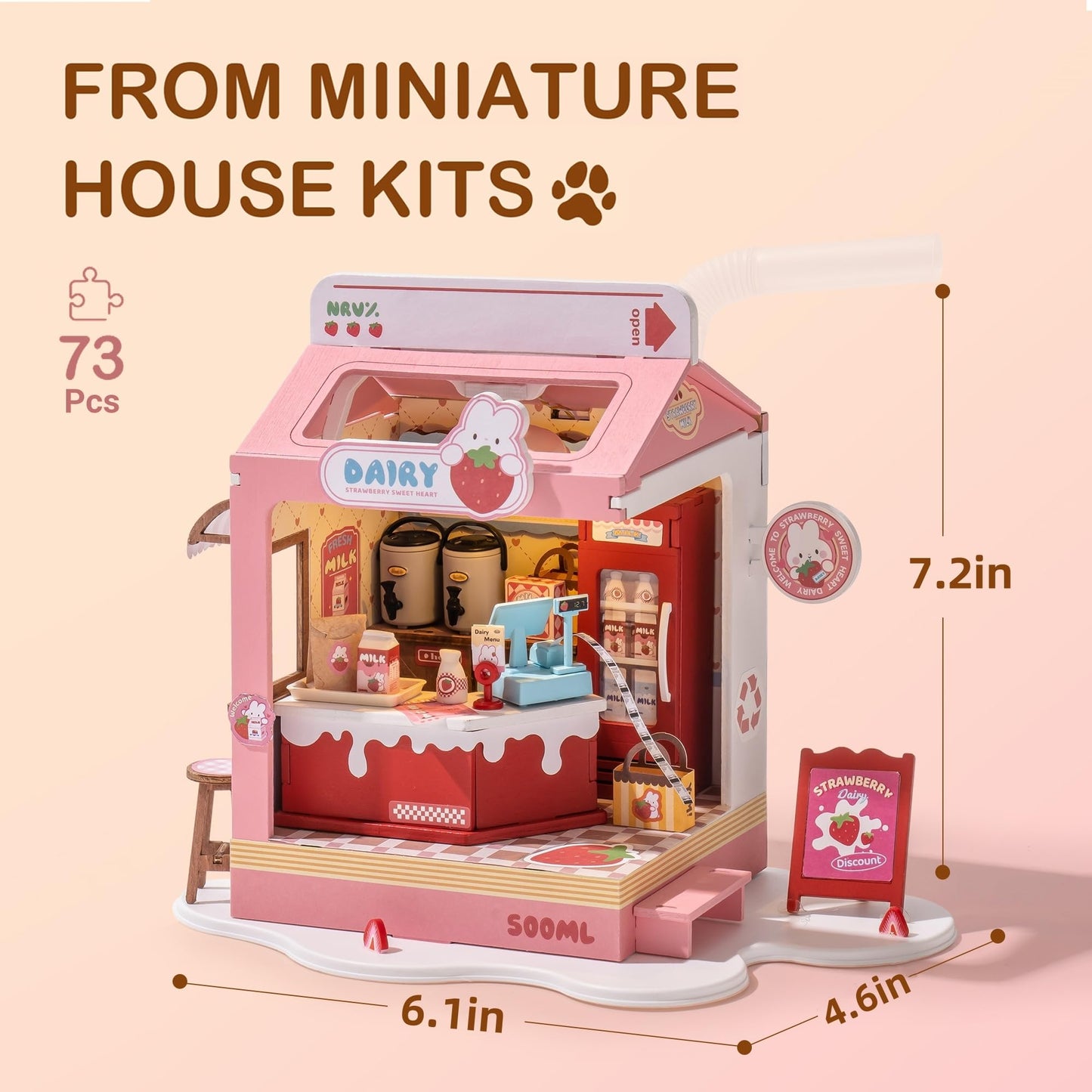Rolife DIY Mini House Building Miniature Kit Milkbox, Miniverse Lifestyle Bookshelf Decoration, Cute Craft Kits for Women, Kawaii Gifts Hobbies for Crafters (Strawberry Milkbox)