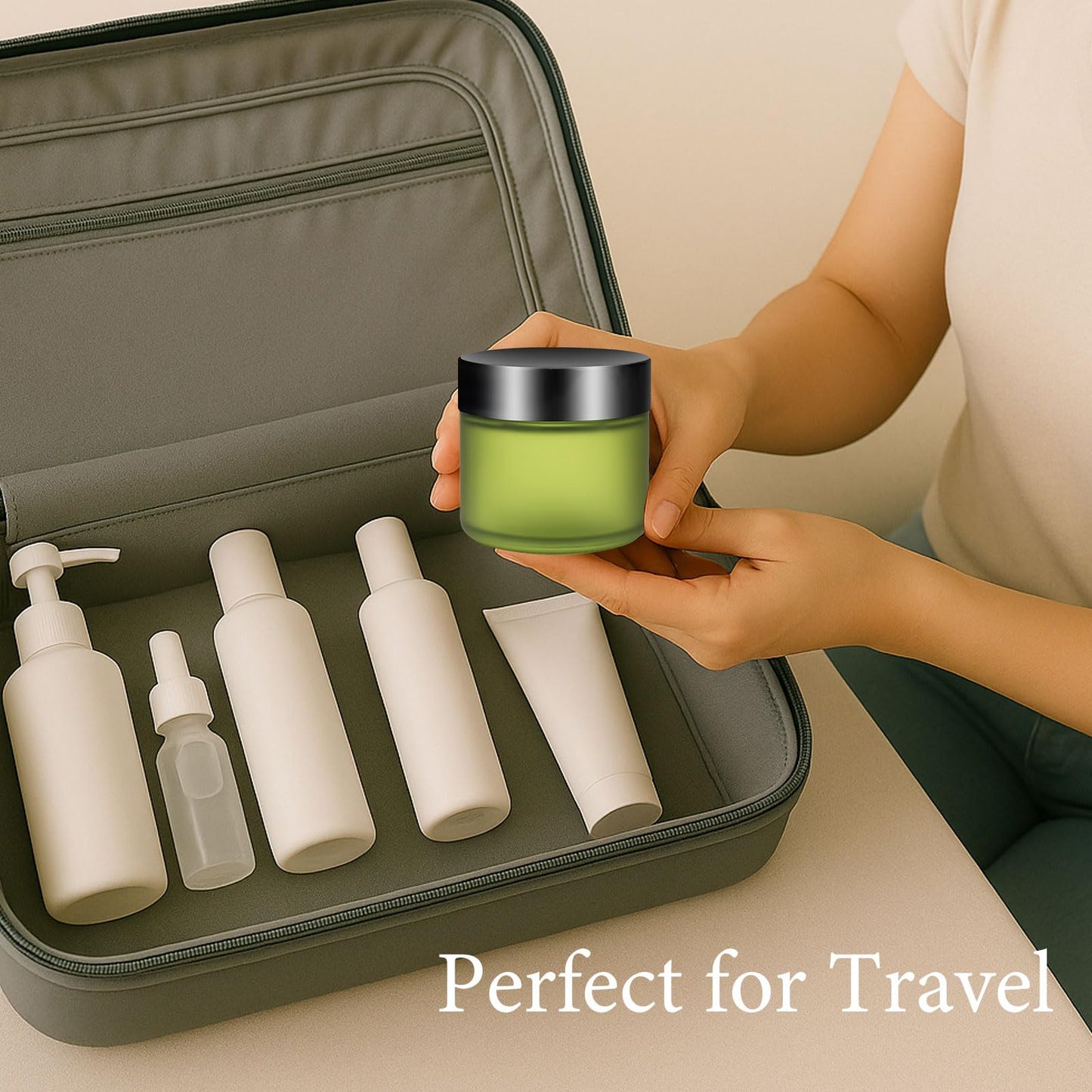 32 Pcs 2 oz Glass Jars with Lids Travel Size Round Leakproof Empty Cosmetic Jars with Inner Liners Lid for Storing Makeup Lotions Face Cream Ointments Candle DIY Making (Bean Green)