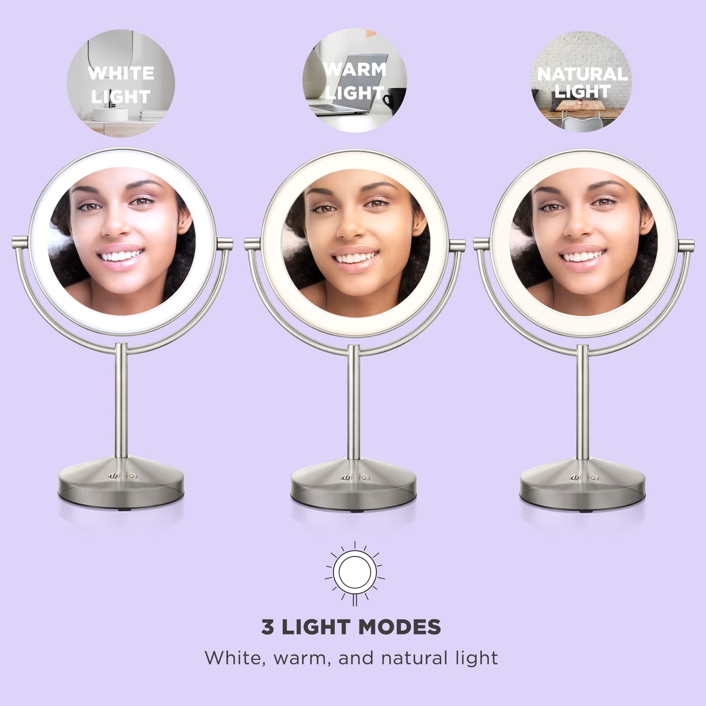 Conair Lighted Makeup Mirror, Double-Sided LED Vanity Mirror with 1X/10X Magnification, 3 Light Settings, 3 Modes, 360° Rotation, Satin Nickel Finish