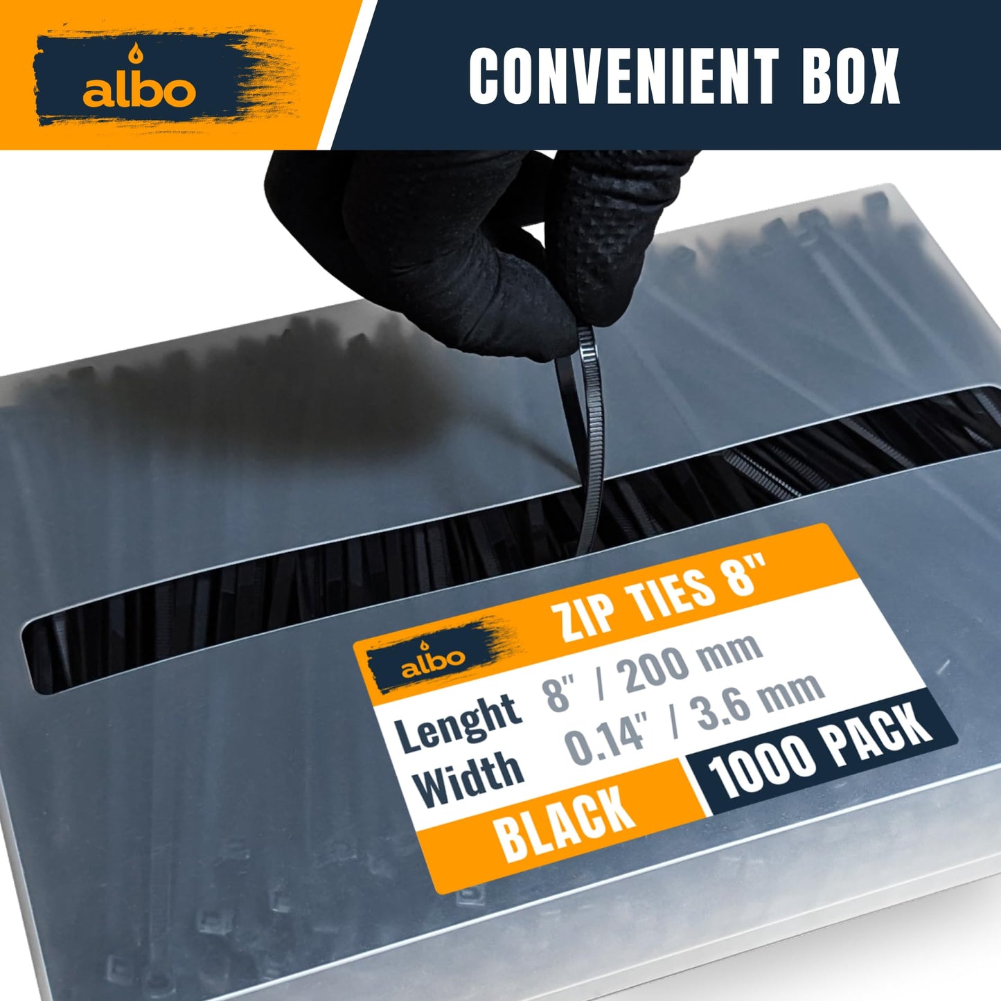 ALBO Zip Ties Black 8 Inch 1000 Pack Plastic Cable Ties Thick 0.14 Inch Tie Wraps Heavy Duty 40 lb UV Resistant Nylon Wire Ties for Indoor and Outdoor