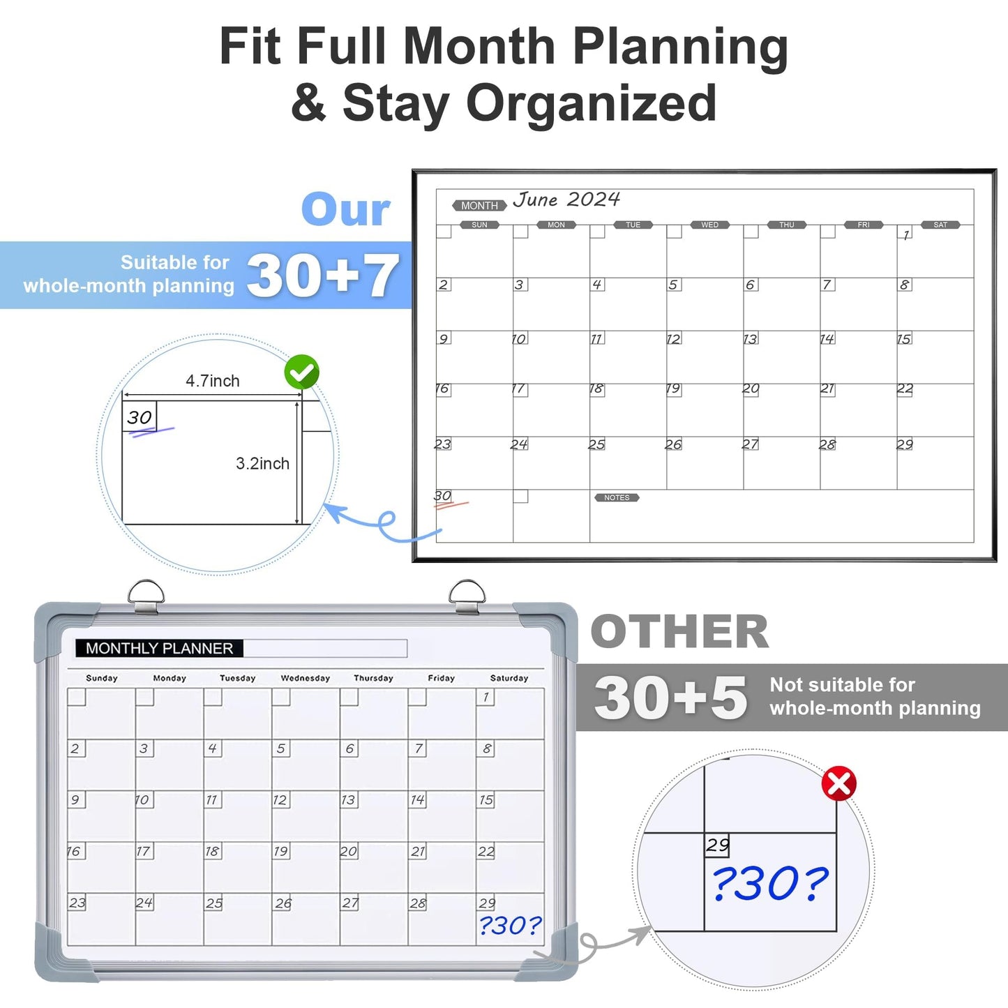ARCOBIS Dry Erase Calendar for Wall, 36" x 24" Magnetic Monthly White Board Calendar Dry Erase, Hanging Whiteboard Planner for School, Home, Office, Black Frame