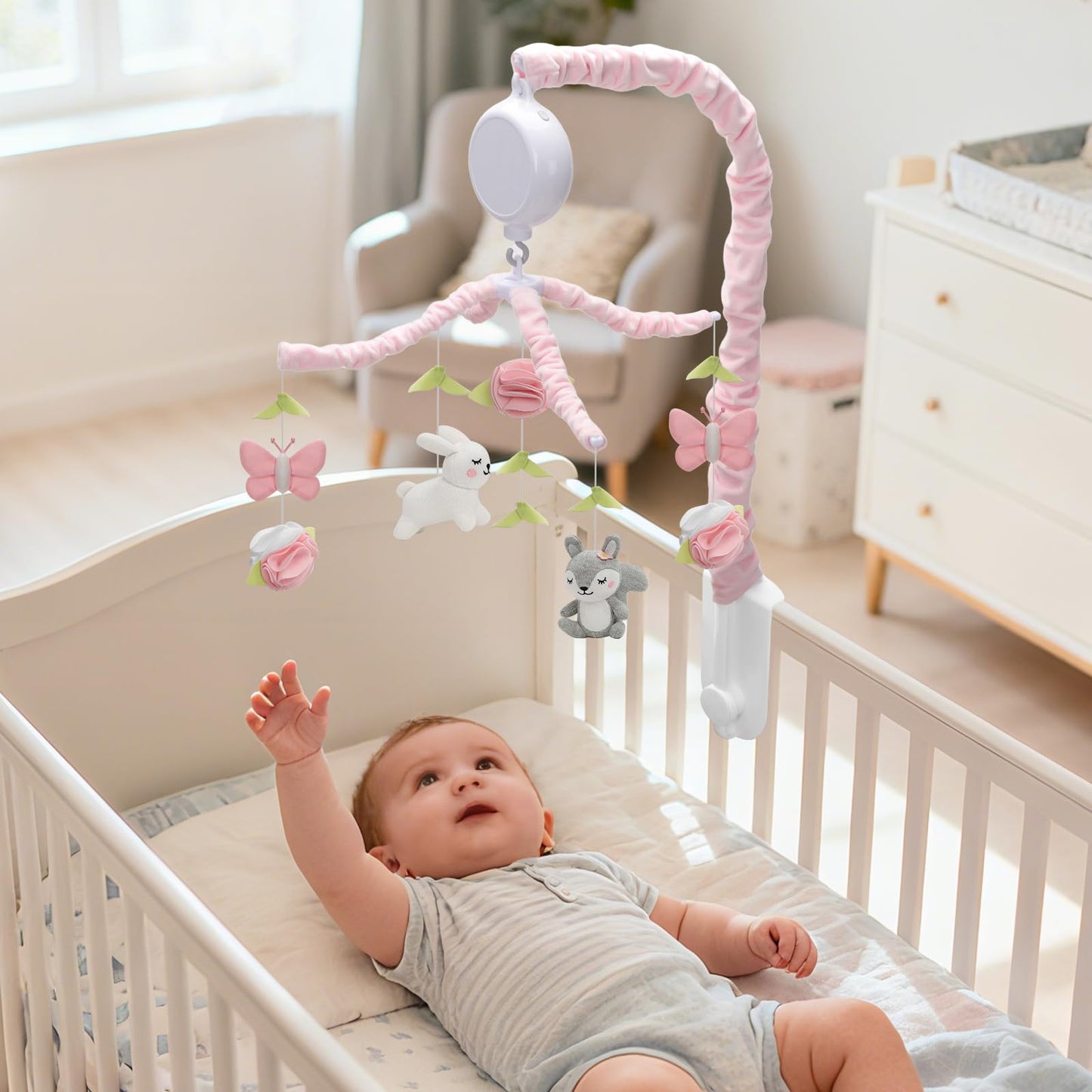 Nicemer Baby Musical Mobile - Elegant Butterfly Crib Toy, Knitted Woodland Characters, Nursery Decor, Calming Soother with 12 Lullabies Essential and Perfect Toy for Boys Girls