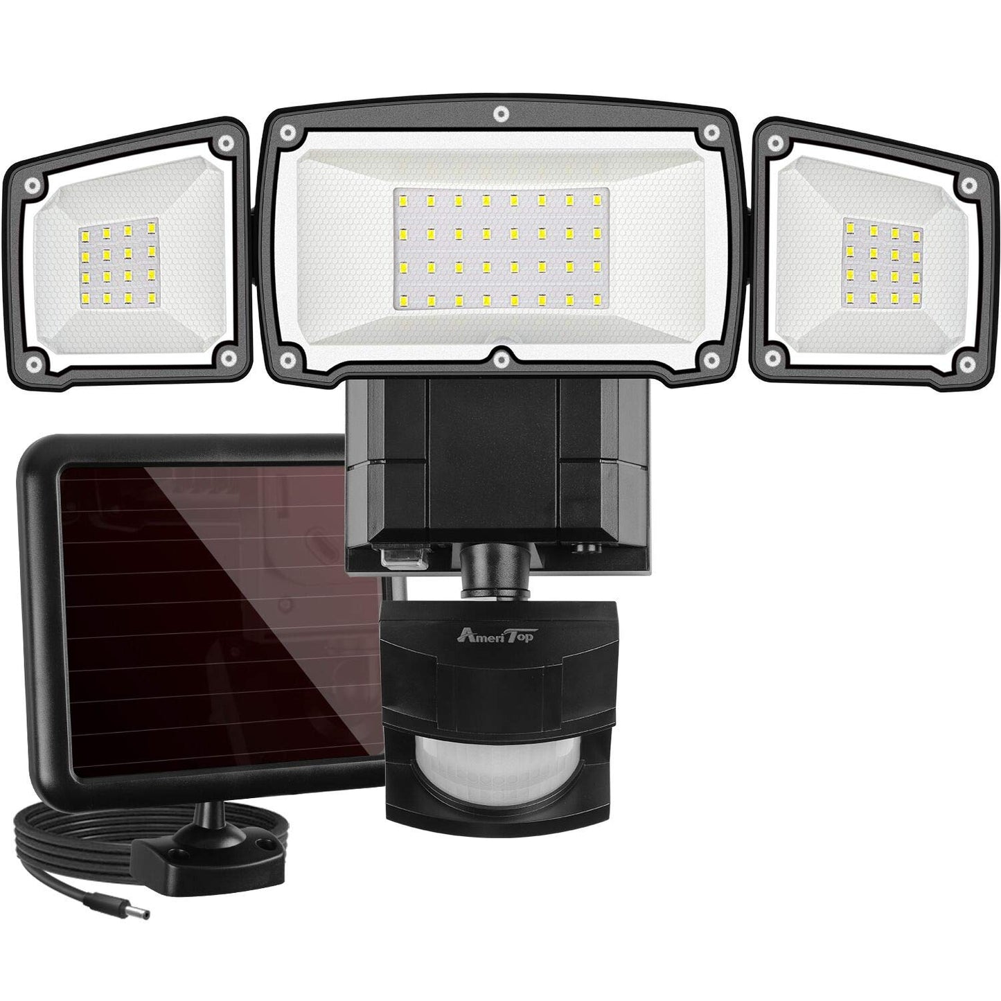Solar Lights Outdoor, AmeriTop Super Bright LED Solar Motion Sensor Lights with Wide Angle Illumination; 1600LM 6000K, 3 Adjustable Heads, IP65 Waterproof Outdoor Security Lighting (Black)