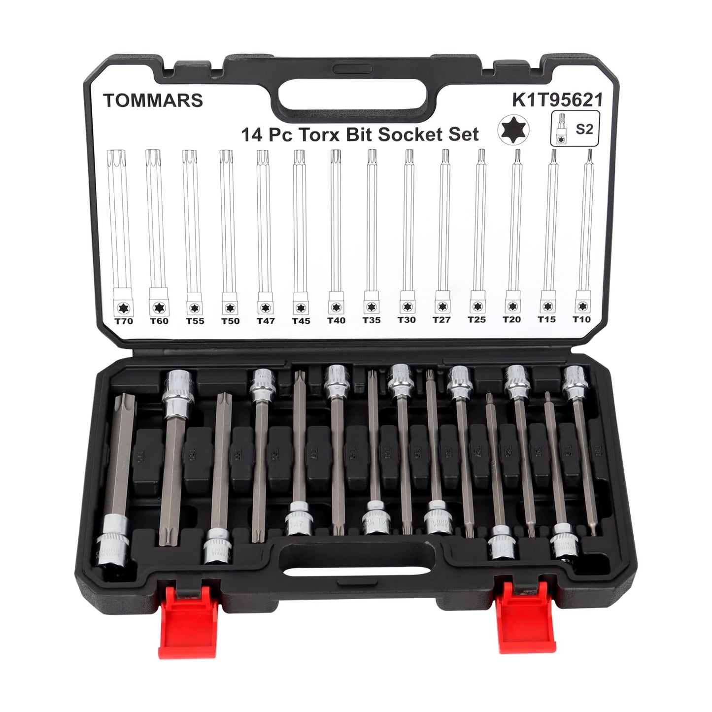 TOMMARS 14-PC Long Torx Bit Socket Set, S2 Alloy Steel Star Socket Set T10-T70