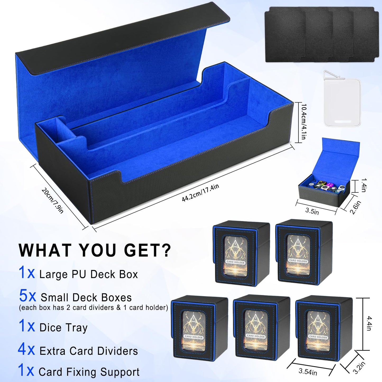 Jaffzora Card Deck Box for MTG Commander, Large 6 in 1 Card Storage Display Case with 5PCS TCG Deck Boxes & Dice Tray, Holds 2400+ Unsleeved Trading Cards (Black&Blue Set)