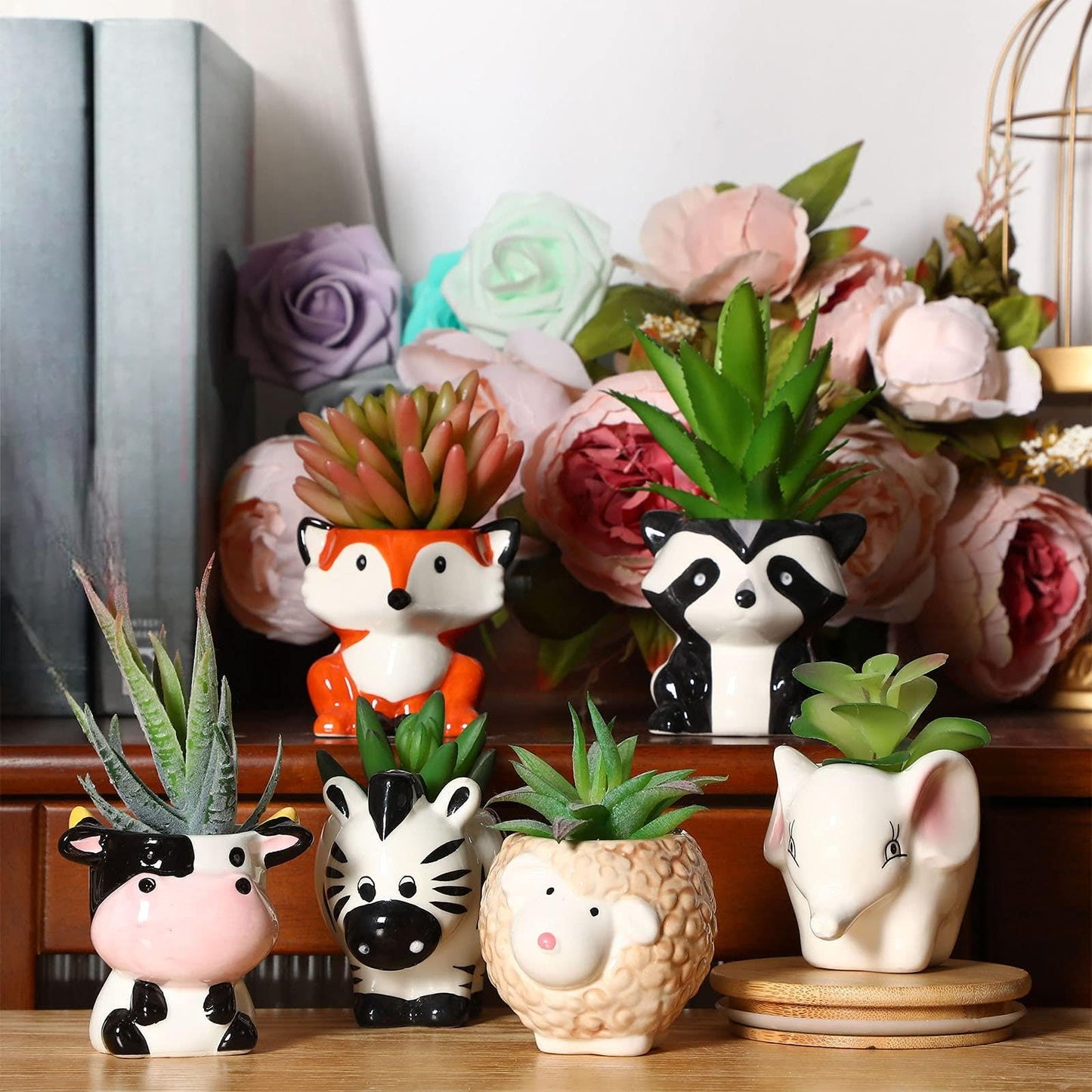 6 Pieces Cute Animal Succulent Planter Pot with Drainage Hole, Cartoon Cow Elephant Ceramic Flower Plant Pot Tiny Flower Planter Cactus Container Indoor Outdoor Office Home Decor