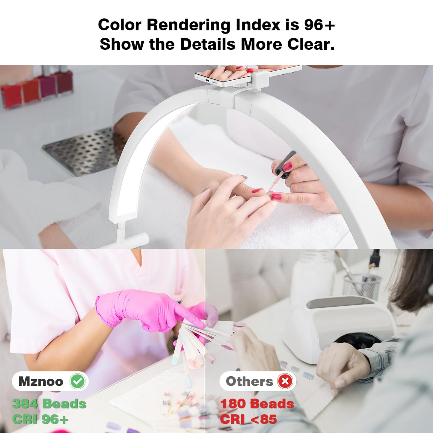 Mznoo Nail Light for Desk, 30in Large Half Moon Light with Phone Holder, 4000 Lumen Bright LED Moon Lamp for Nail Techs, Manicure and Handicraft, Adjustable Color Modes and Brightness (White)
