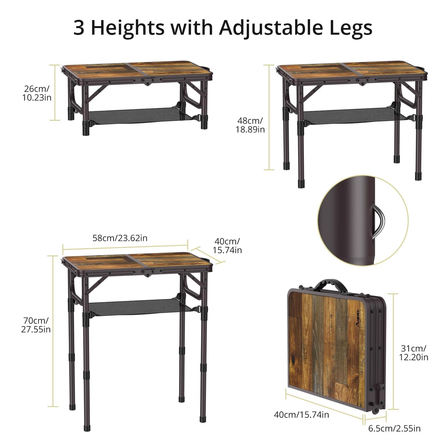 Anbte 2ft Camping Table Foldable with Storage Net, 3 Adjustable Heights 27.5" Aluminum Small Portable Table with Carrying Handle, for Outdoor Indoor Picnic Beach Party Travel, 24" X 16", Brown