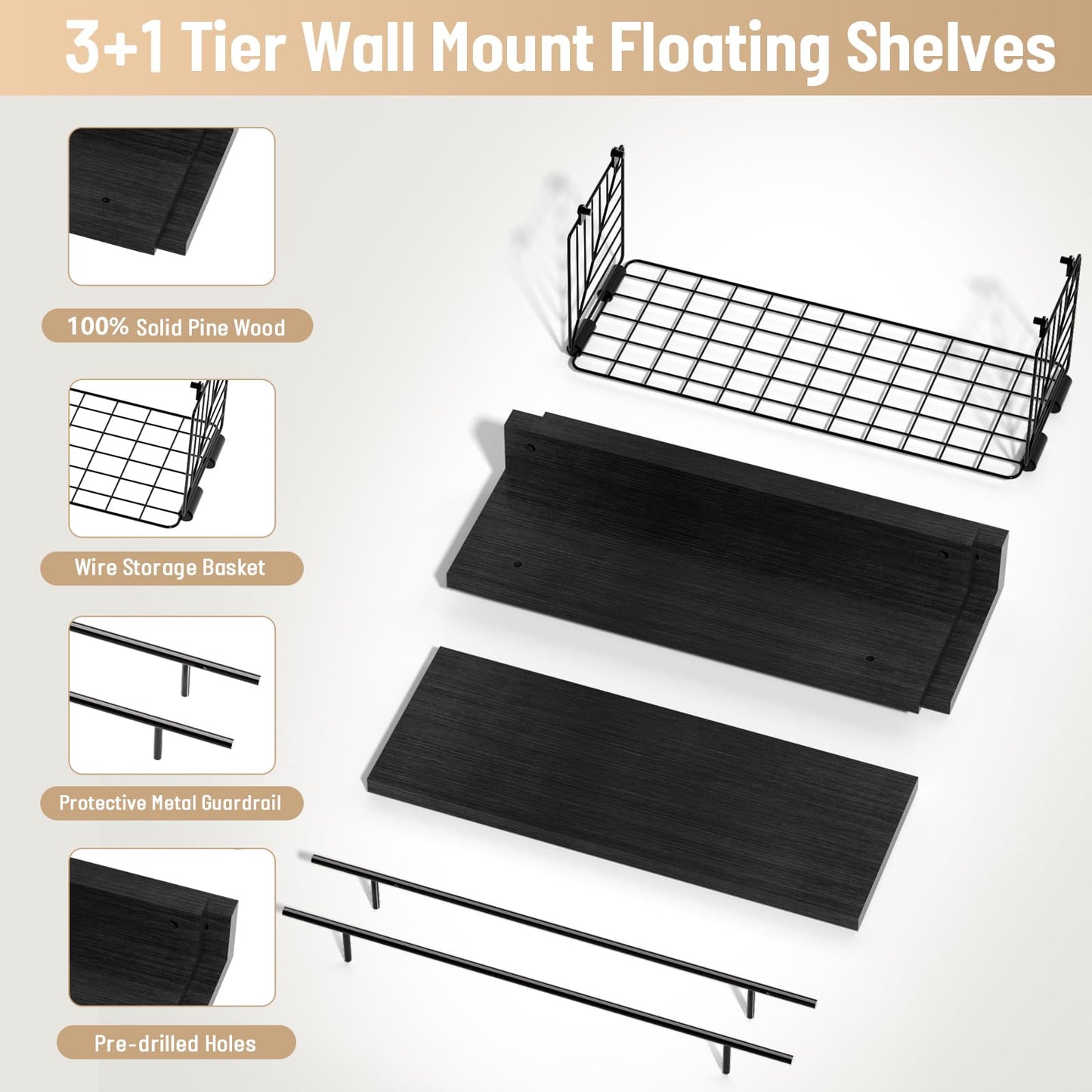 Kowsinde Bathroom Shelves with Wire Storage Basket, Floating Shelves Over Toilet with Protective Metal Guardrail, Wood Wall Mounted Floating Shelves for Bathroom, Living Room, Kitchen and Bedroom