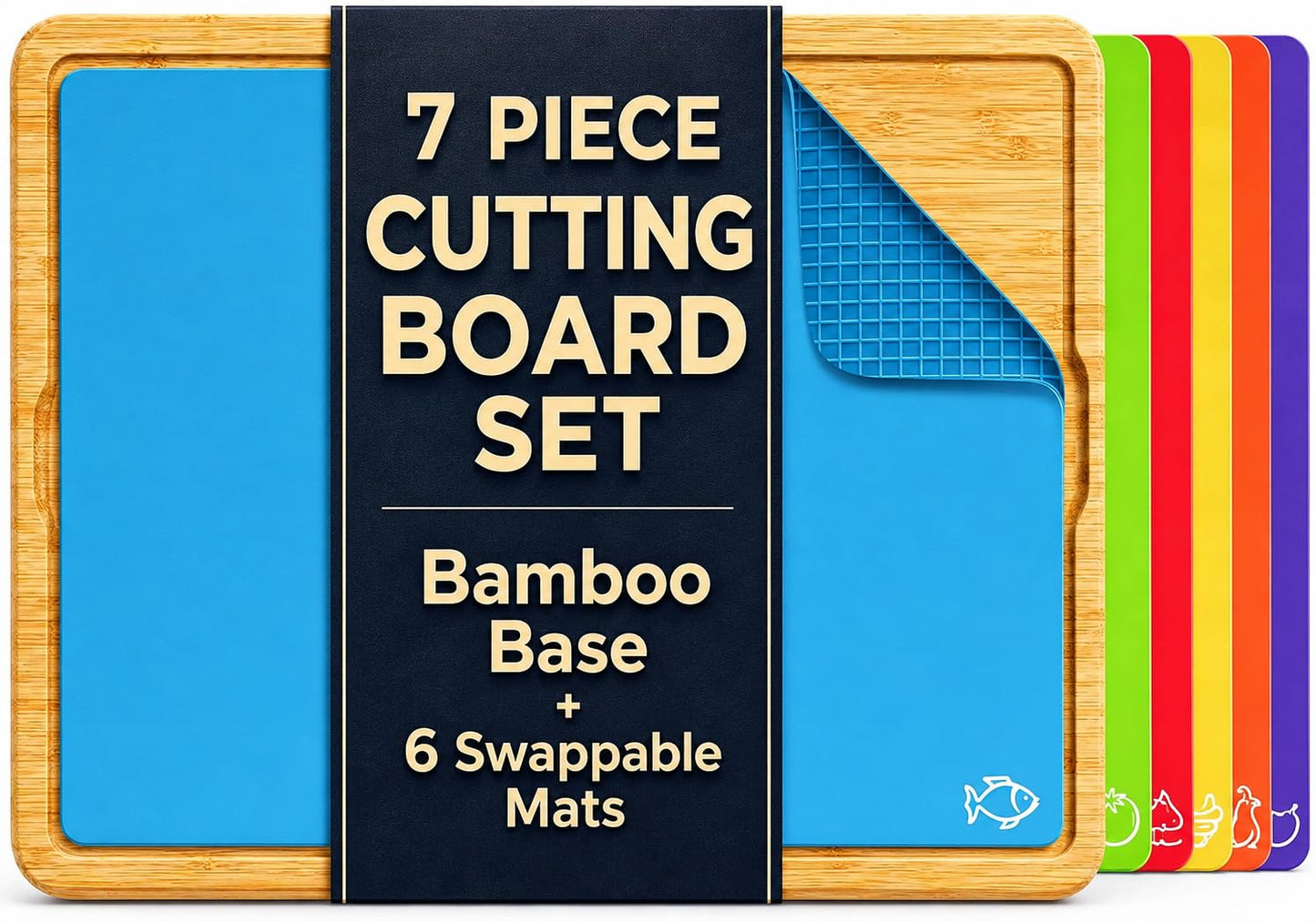 Bamboo Cutting Board Set - Wooden Cutting Boards for Kitchen - Easy-to-Clean Wood Cutting Board Set with 6 Color-Coded Flexible Plastic Cutting Boards with Food Icons - Wooden Chopping Board Set