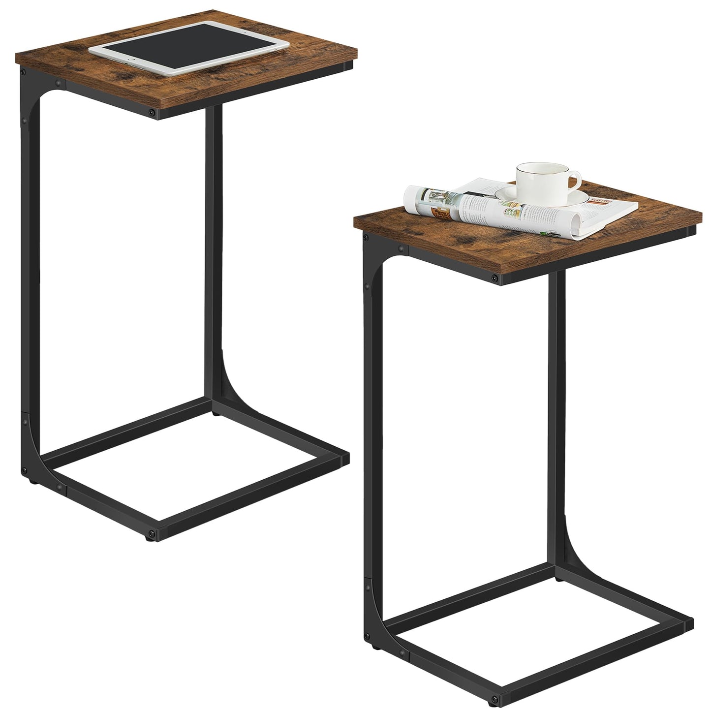 VASAGLE C-Shaped End Table, Set of 2, Side Table for Sofa, Couch Table with Metal Frame, Small TV Tray Table for Living Room, Bedroom, Rustic Brown and Black
