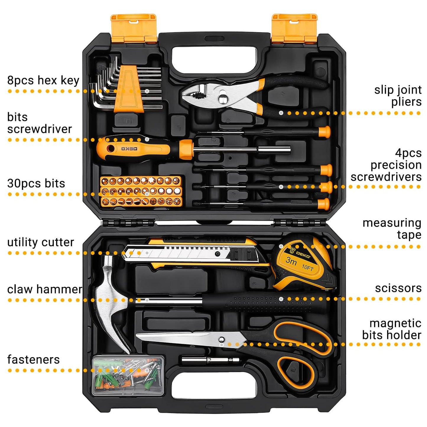 DEKOPRO 50 Piece Tool Set General Household Hand Tool Kit with Plastic Toolbox Storage Case All Purpose Home Tool Kit Includes Essential Tools for Office College Repairs