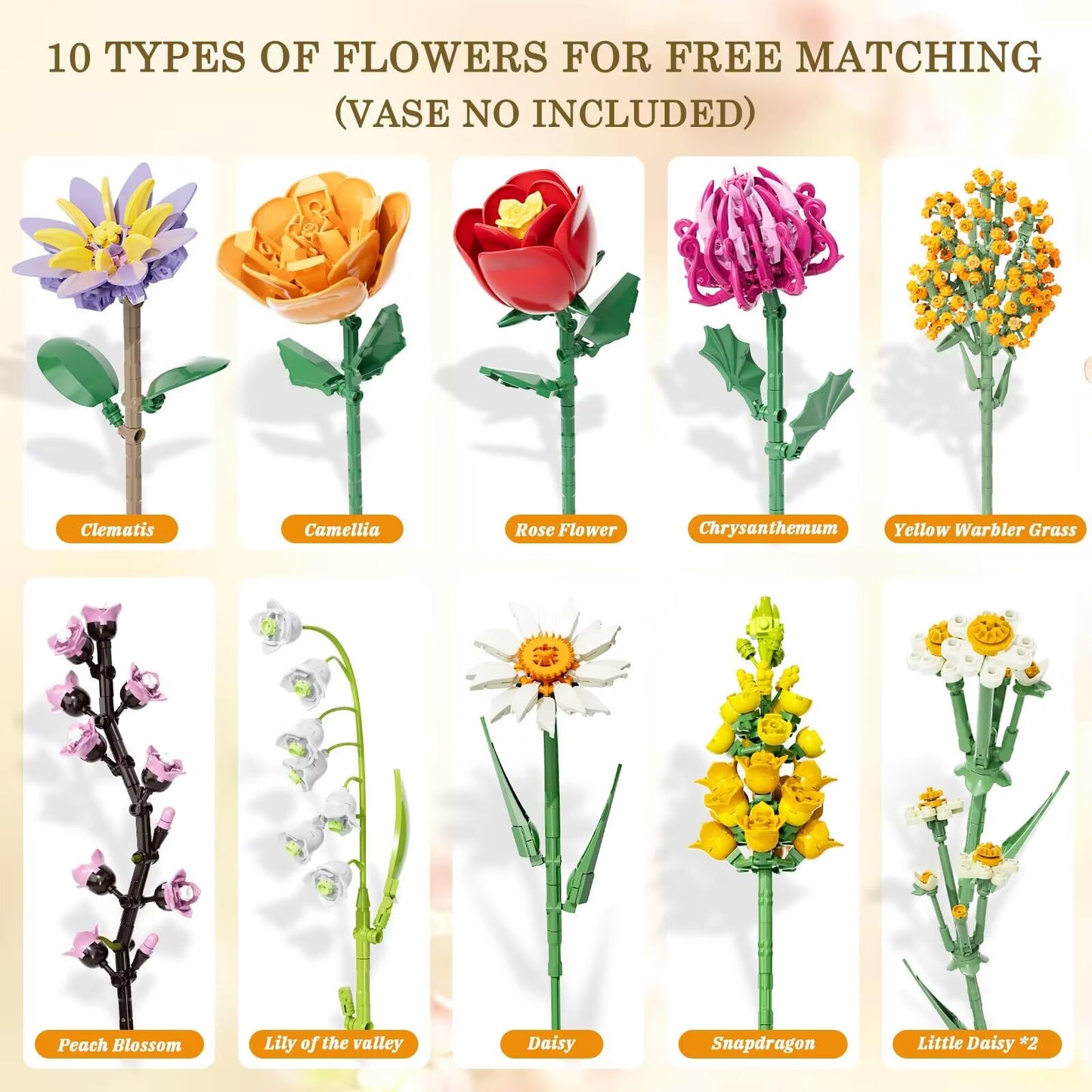 Flowers Bouquet Building Set, 1070PCS Wildflower Botanical Collection, Artificial Plant Flower Kit Toy for Adults Kids Women Her, Home Decor Gift for Birthday, Valentine's Day, Christmas (No Vase)