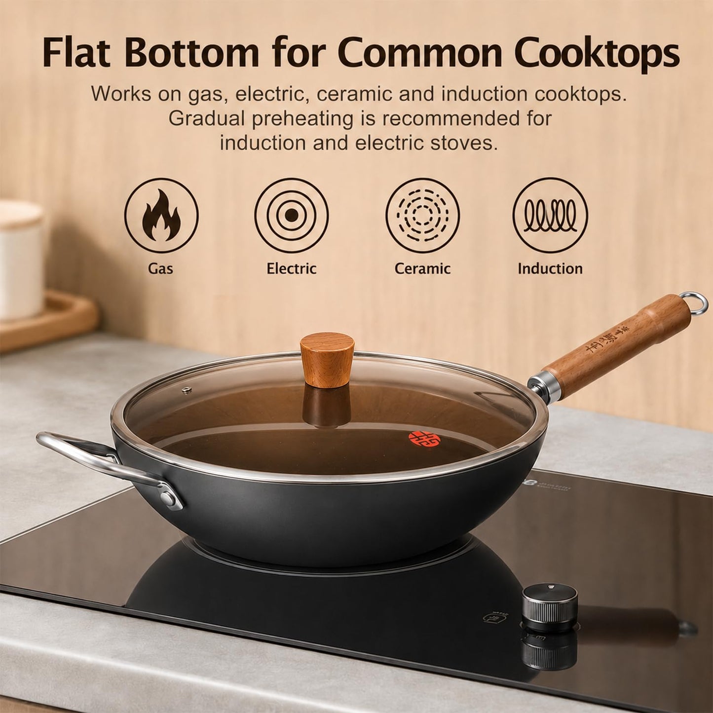 WANGYUANJI Carbon Steel Wok Pan, 12.6" Woks & Stir-Fry Pans with Glass Lid No Chemical Coated Flat Bottom Iron Wok for Induction, Electric, Gas, Halogen All Stoves