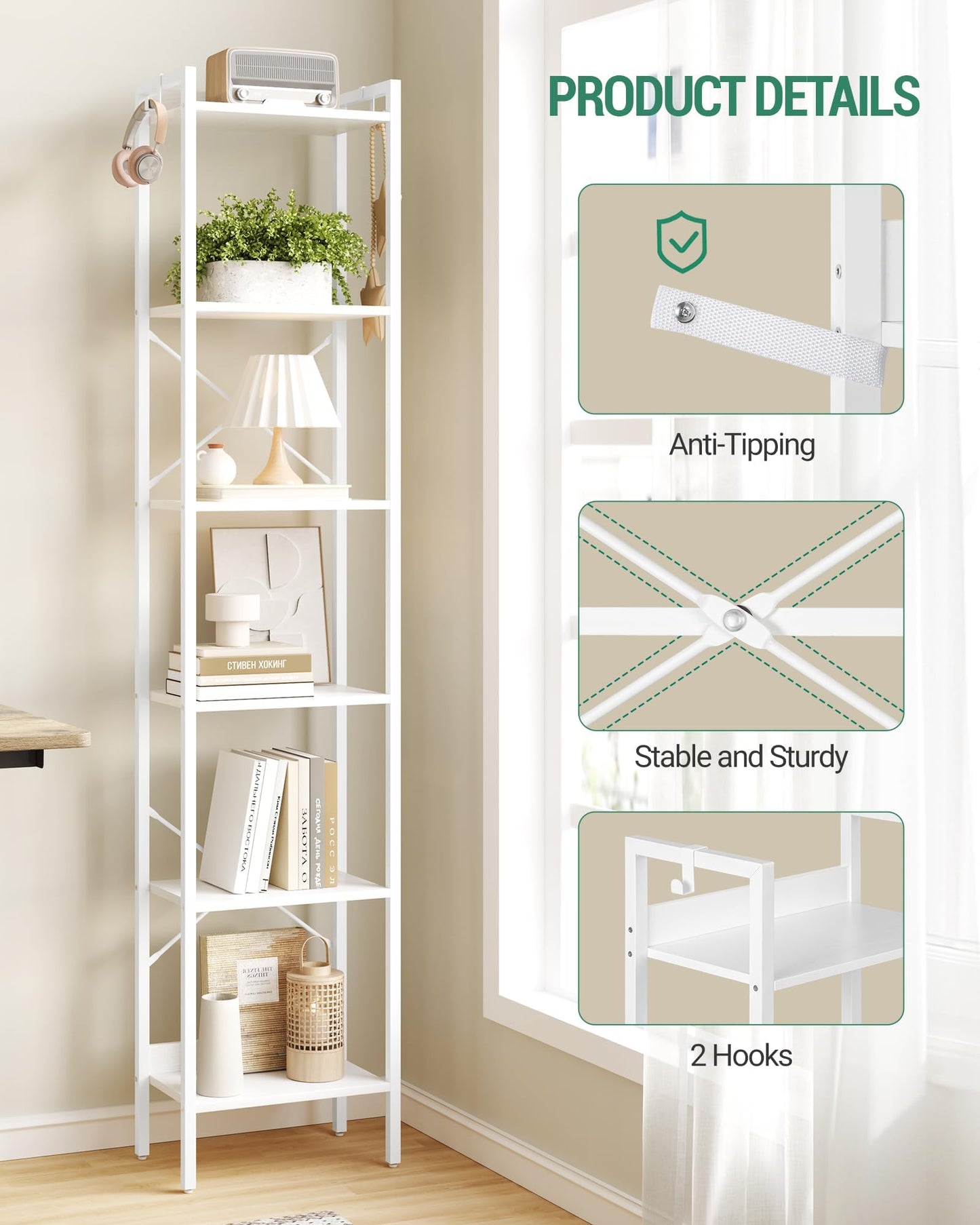Hzuaneri Bookshelf, Book Shelf, Industrial Bookcase with 2 Hooks, Coner Shelf Storage Organizer for Home Office, Living Room, Bedroom, Kitchen, 6-Tier White BC10713W