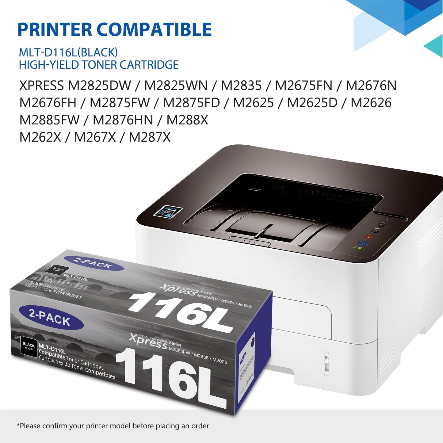 MLT-D116L D116L Toner Cartridge High Yield Black Replacement for Samsung D116L Toner Xpress M2885FW M2875FW M288X M2835 M2825DW M2825WN M2875FD M2825DW M2875FW Printer Ink 2 Pack