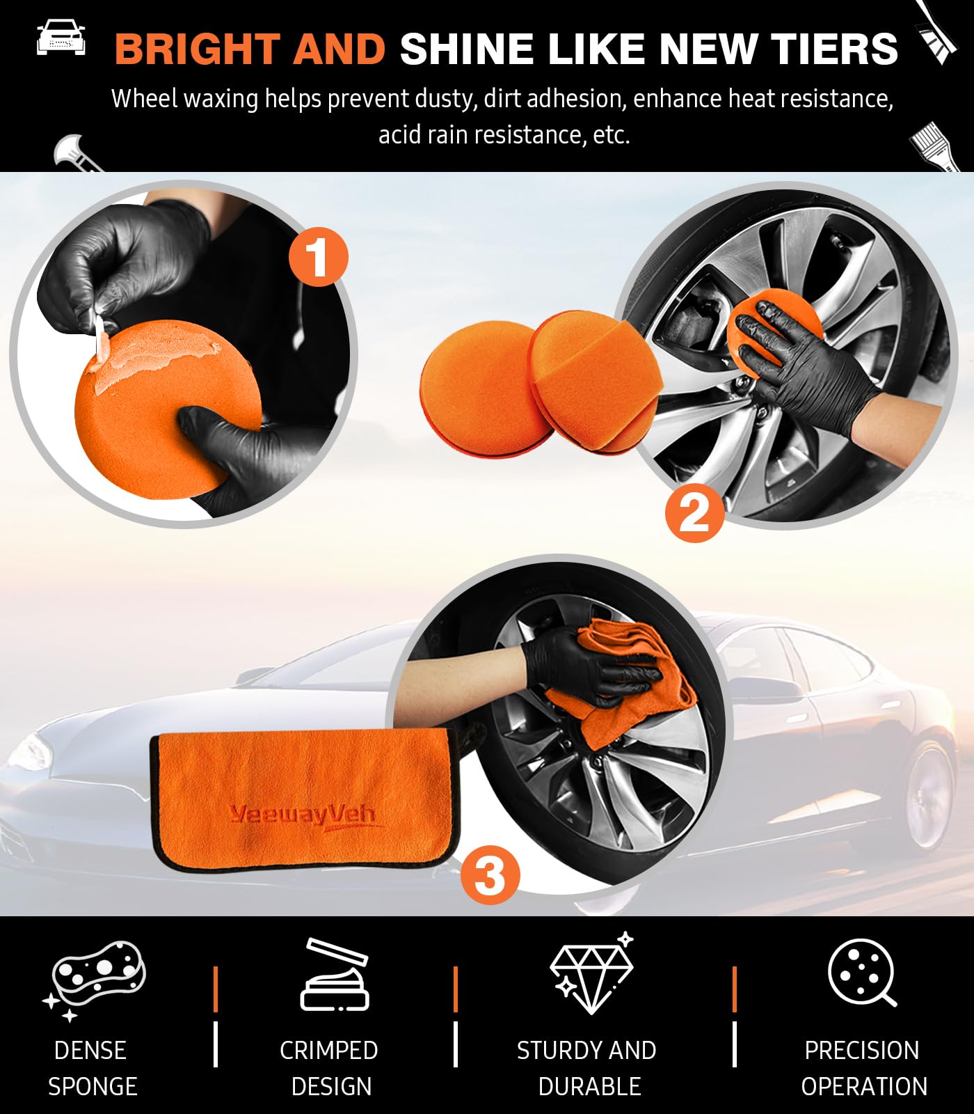 YeewayVeh 8PCS Wheel Brush Kit, Pro Synthetic Wool Rim Cleaner & Tire Brush Set, Scratch-Free Bendable Wheel Cleaning Brushes for Rims & Spokes, with Tire Shine Applicator & Detailing Brush, Orange